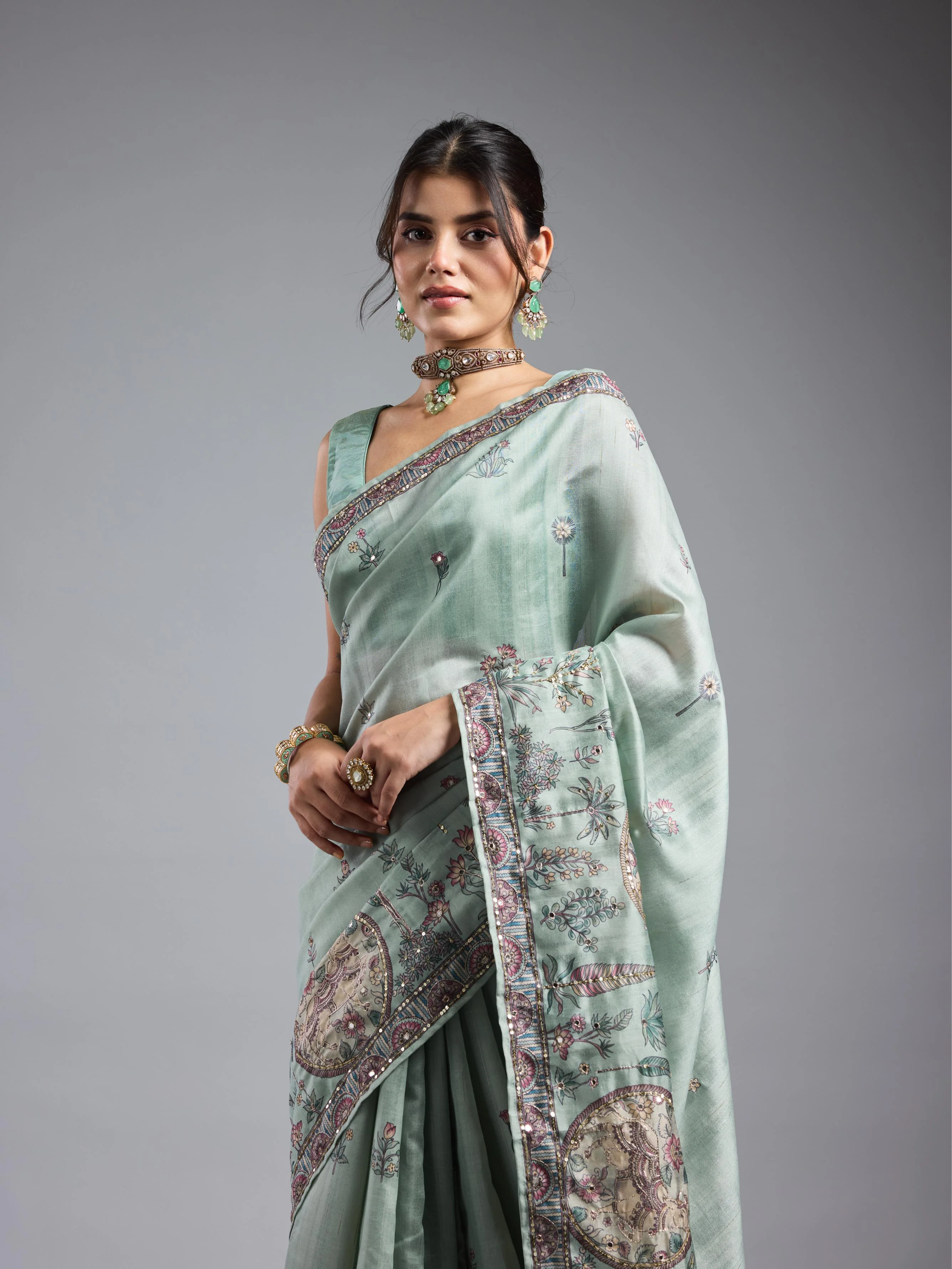 Light Teal Kalamkari Bhagalpuri Tussar Silk Saree - Image 8