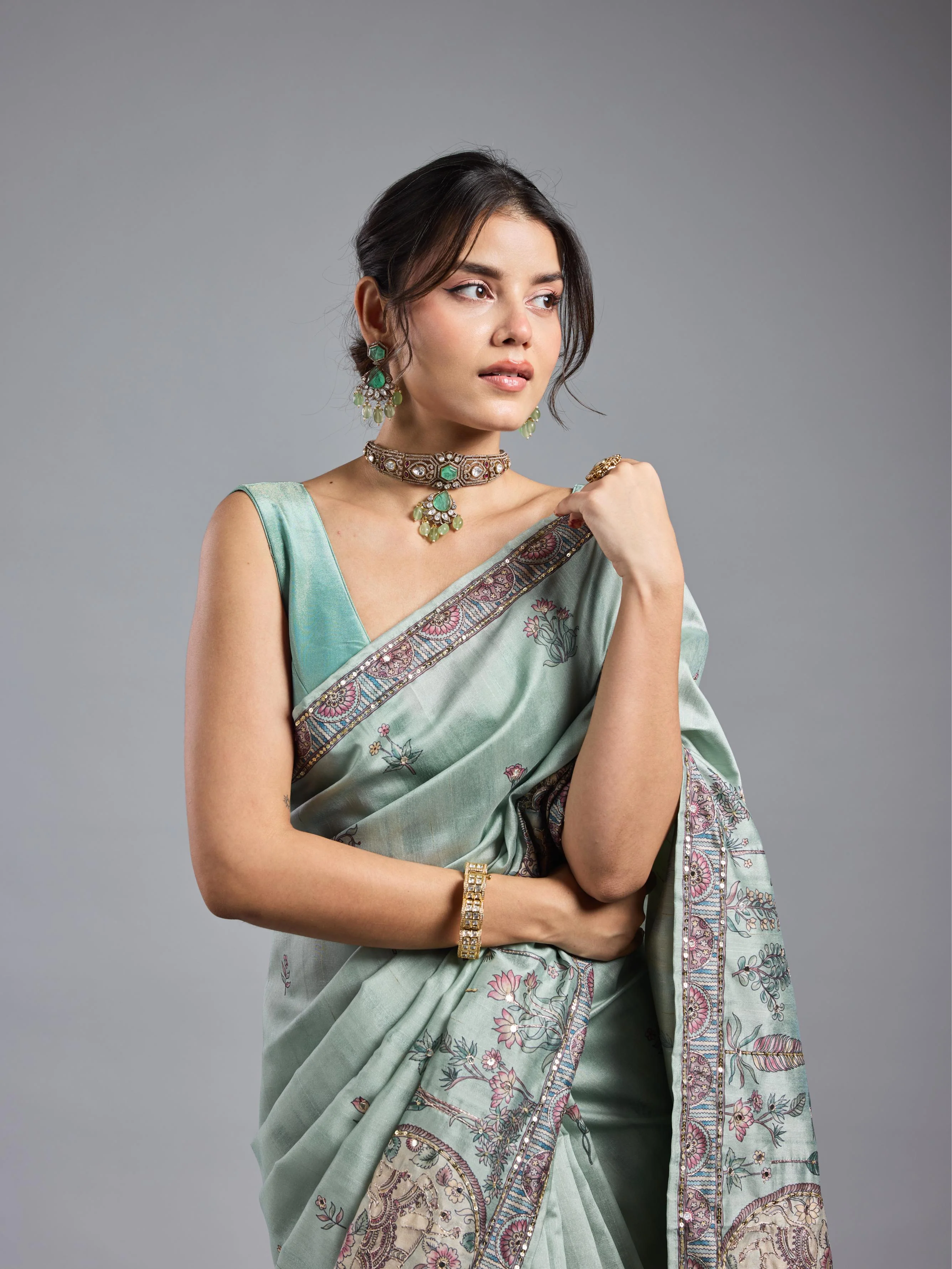 Light Teal Kalamkari Bhagalpuri Tussar Silk Saree - Image 9
