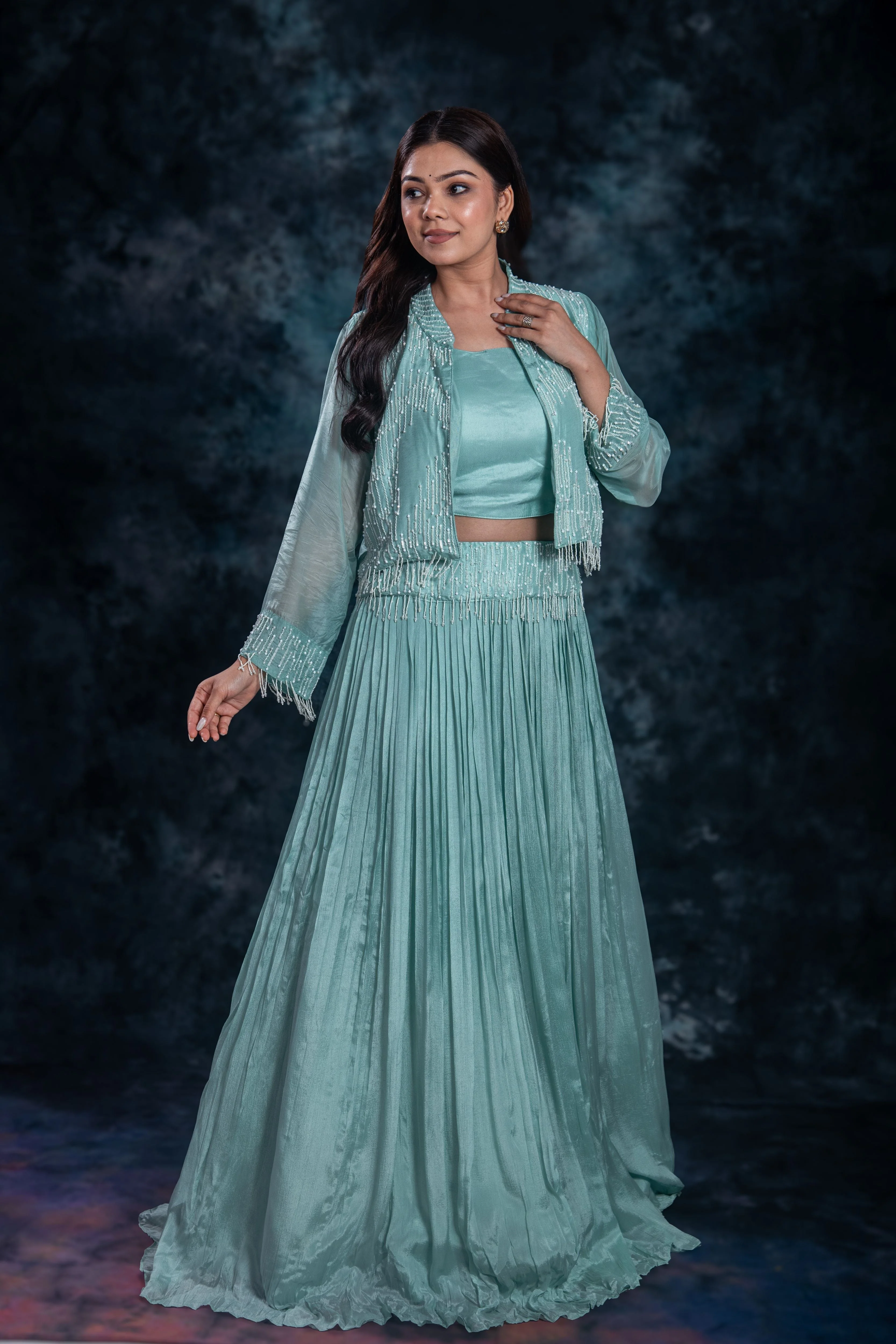 Dark Turquoise Embellished Chinon Silk Skirt Set - Image 2