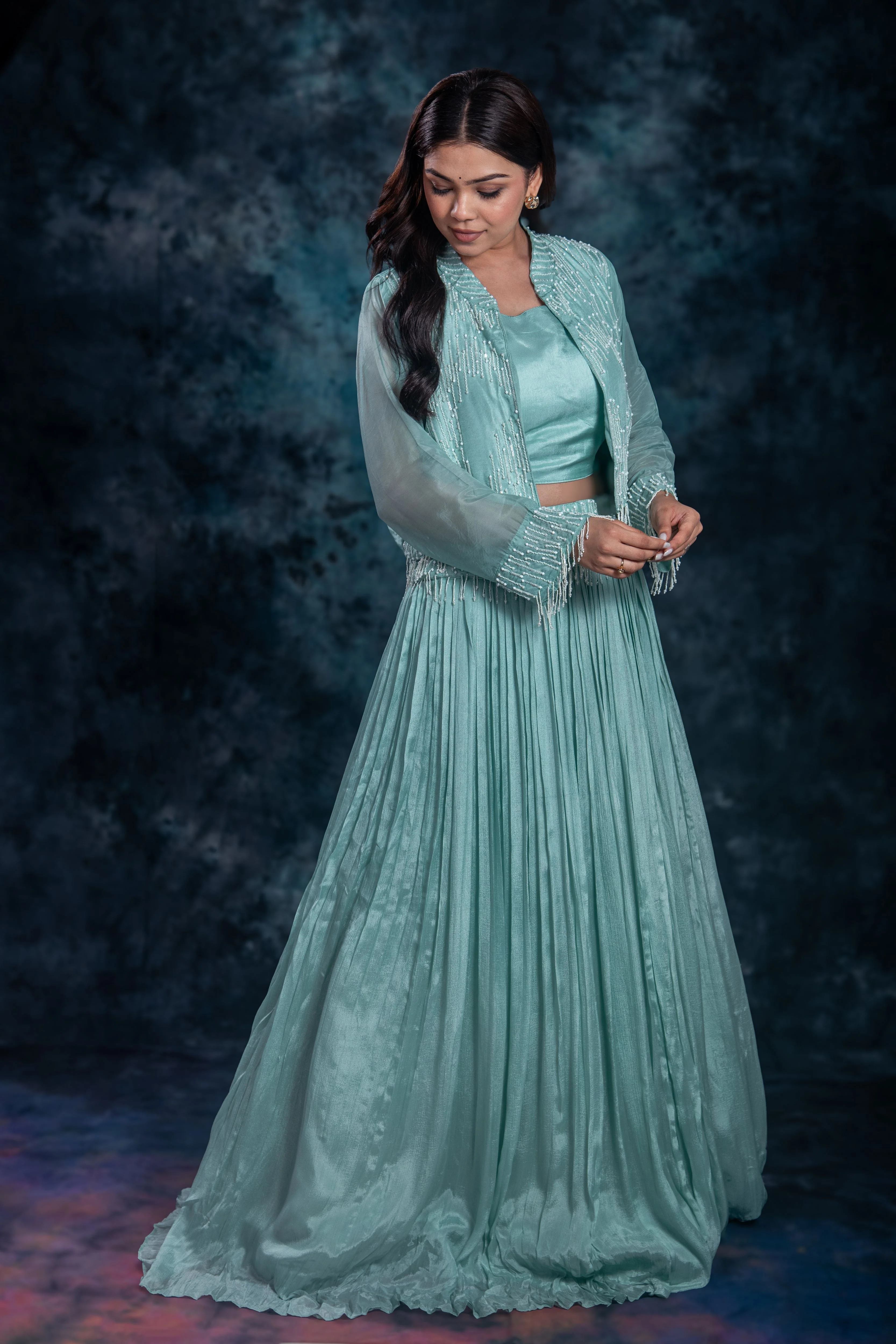 Dark Turquoise Embellished Chinon Silk Skirt Set - Image 3