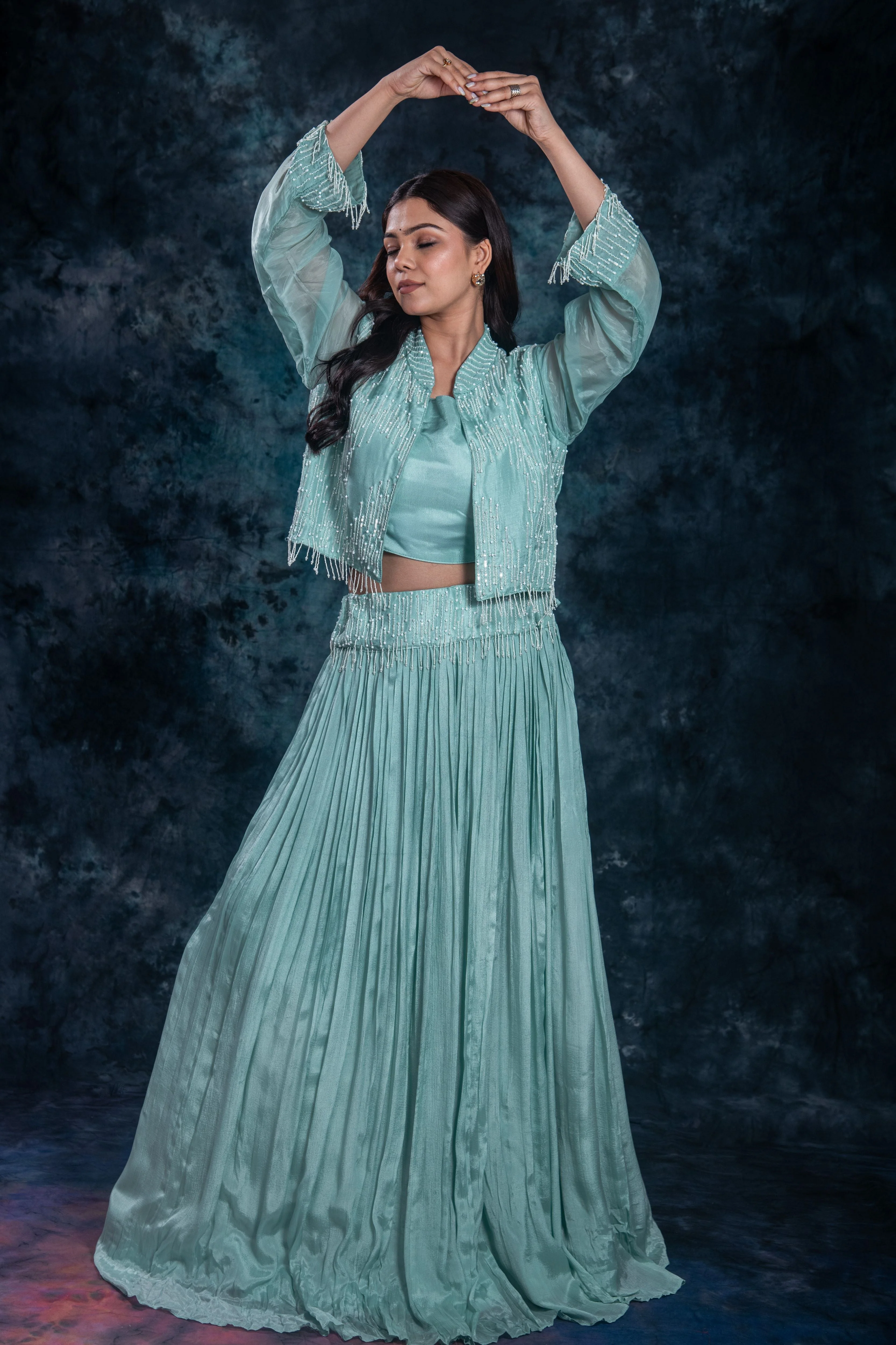 Dark Turquoise Embellished Chinon Silk Skirt Set - Image 4