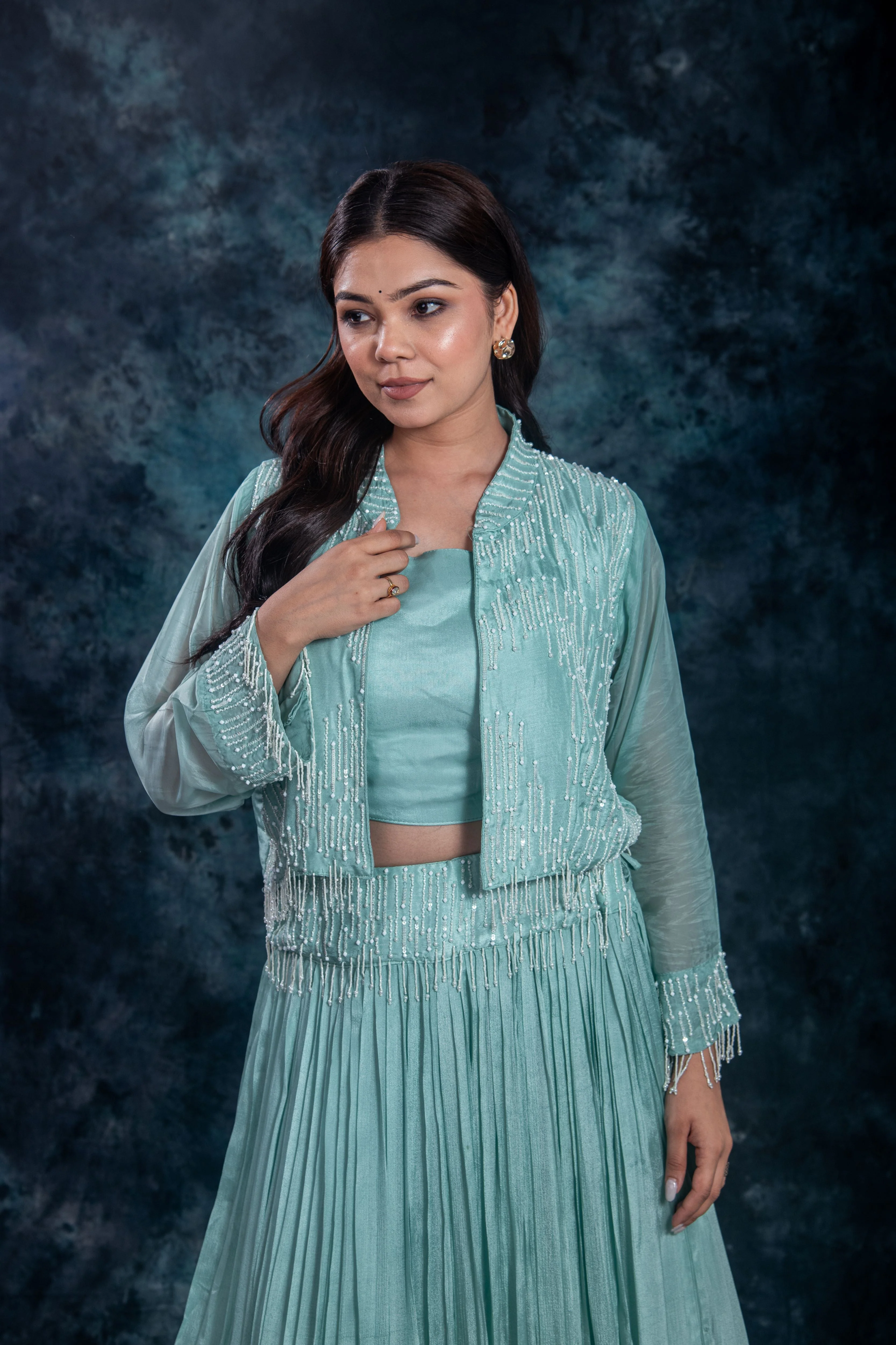 Dark Turquoise Embellished Chinon Silk Skirt Set - Image 5