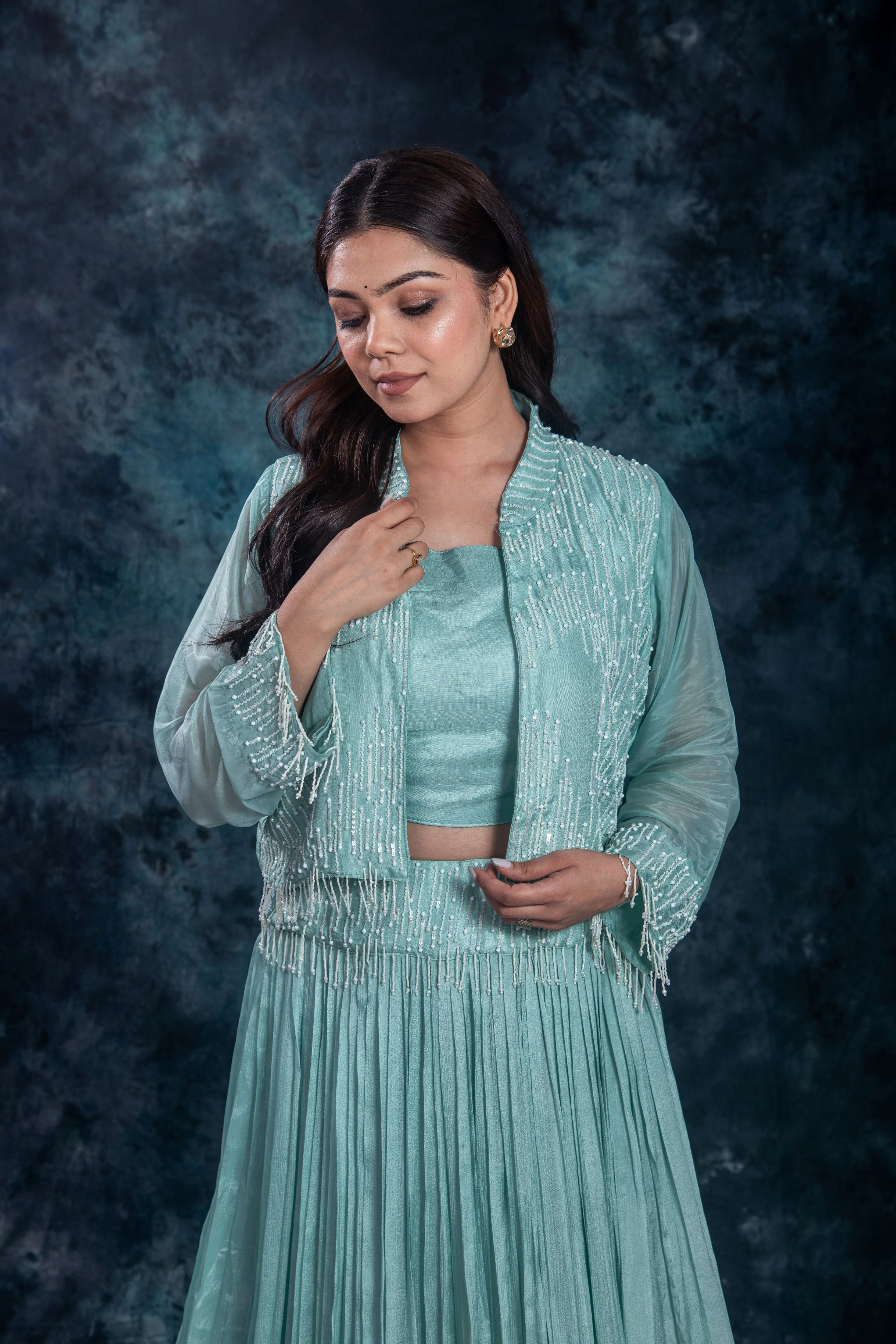 Dark Turquoise Embellished Chinon Silk Skirt Set - Image 6