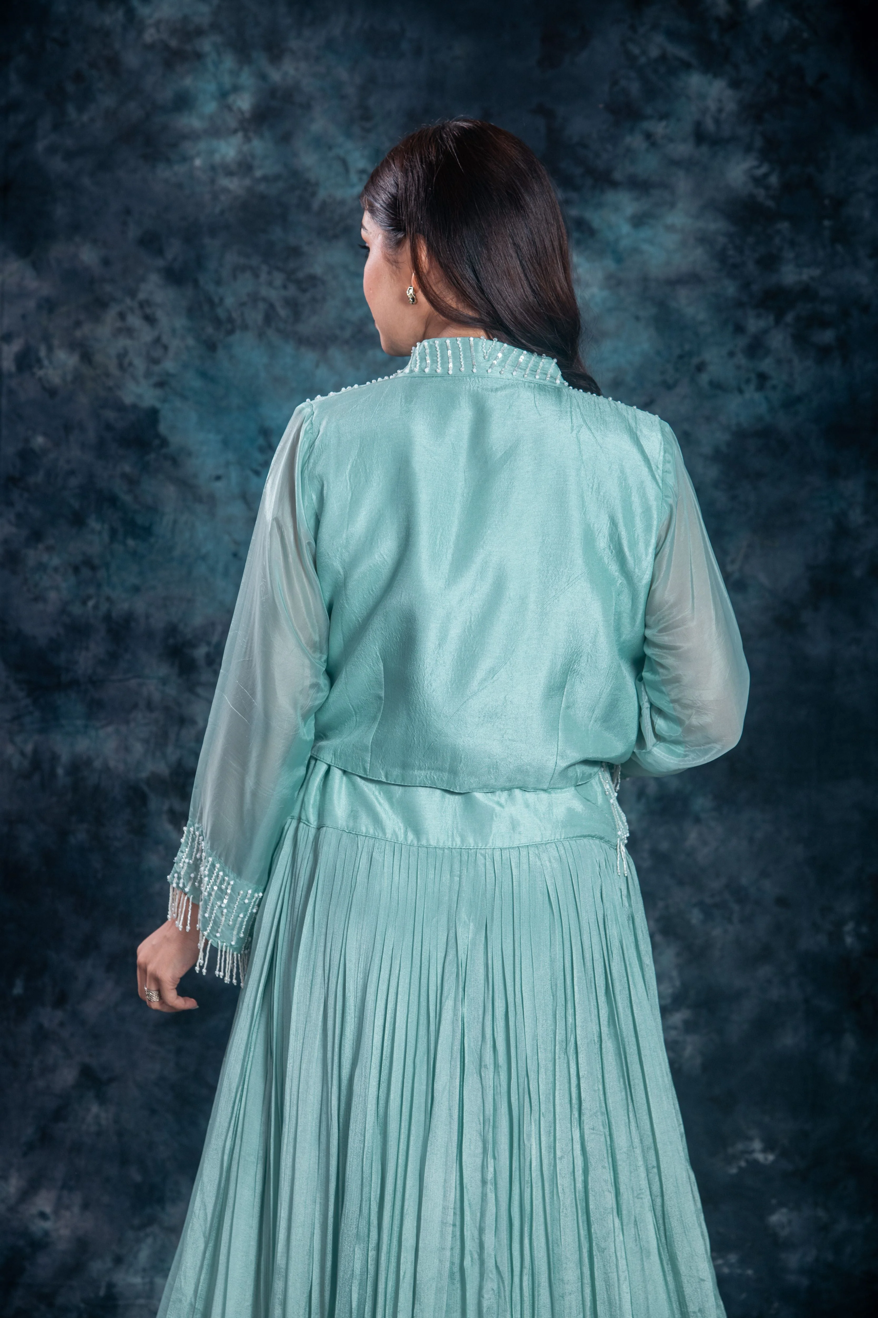 Dark Turquoise Embellished Chinon Silk Skirt Set - Image 8