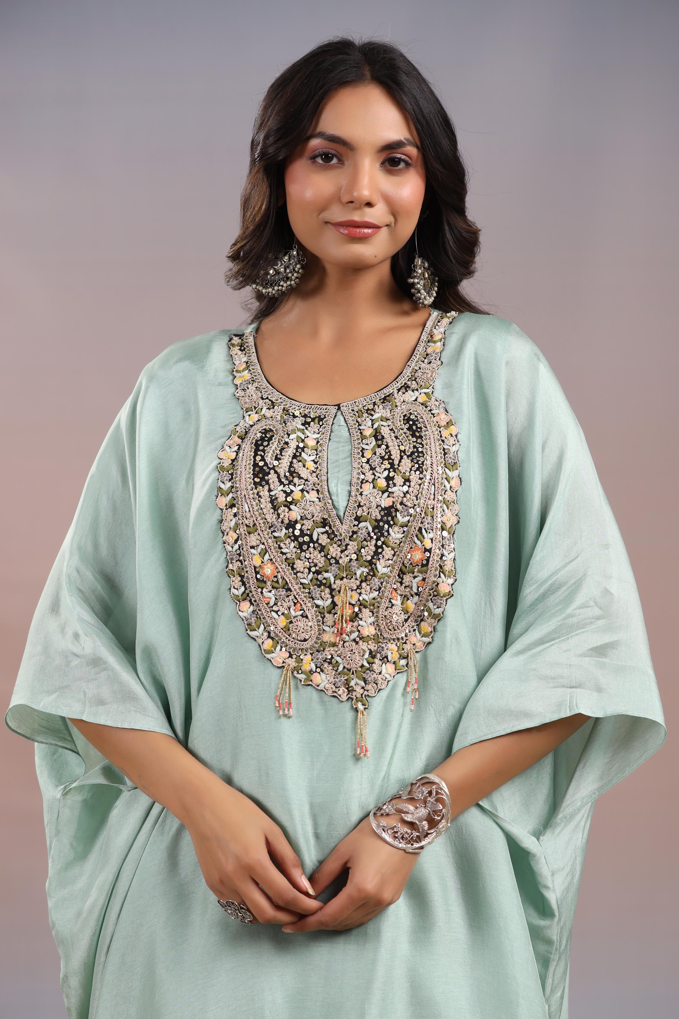Light Turquoise Embroidered Habutai Silk Skirt Set - Image 2