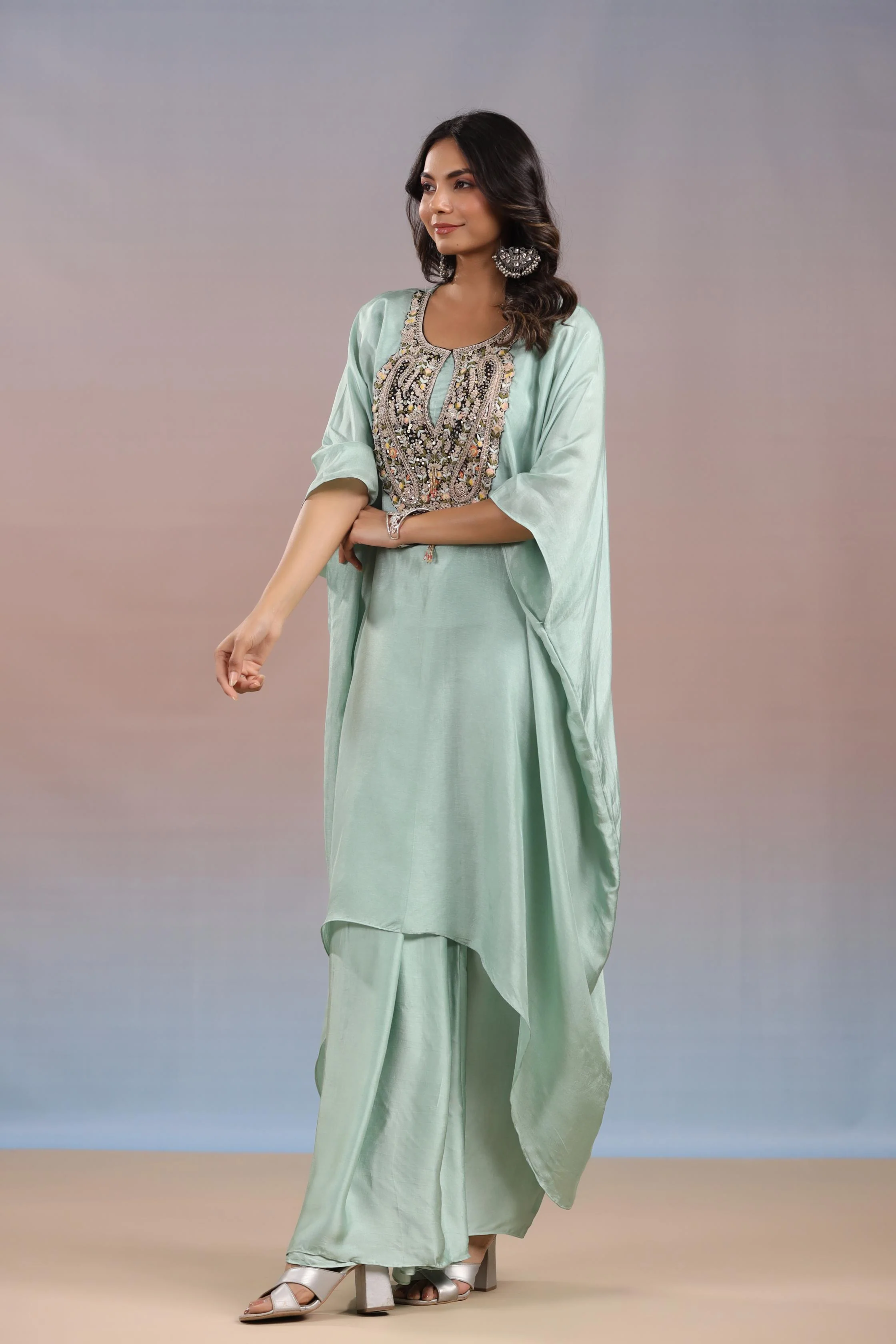 Light Turquoise Embroidered Habutai Silk Skirt Set - Image 3