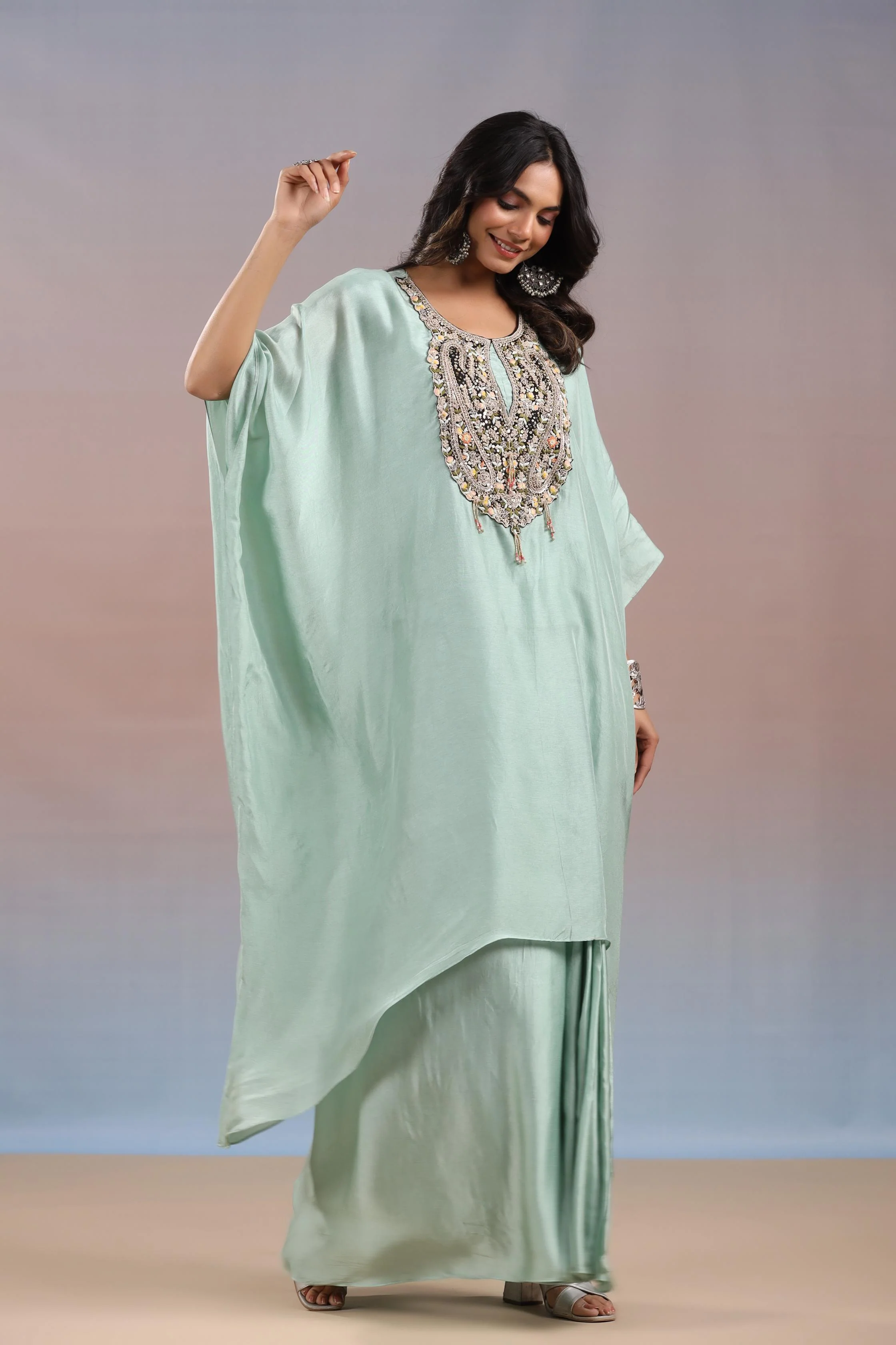 Light Turquoise Embroidered Habutai Silk Skirt Set - Image 4