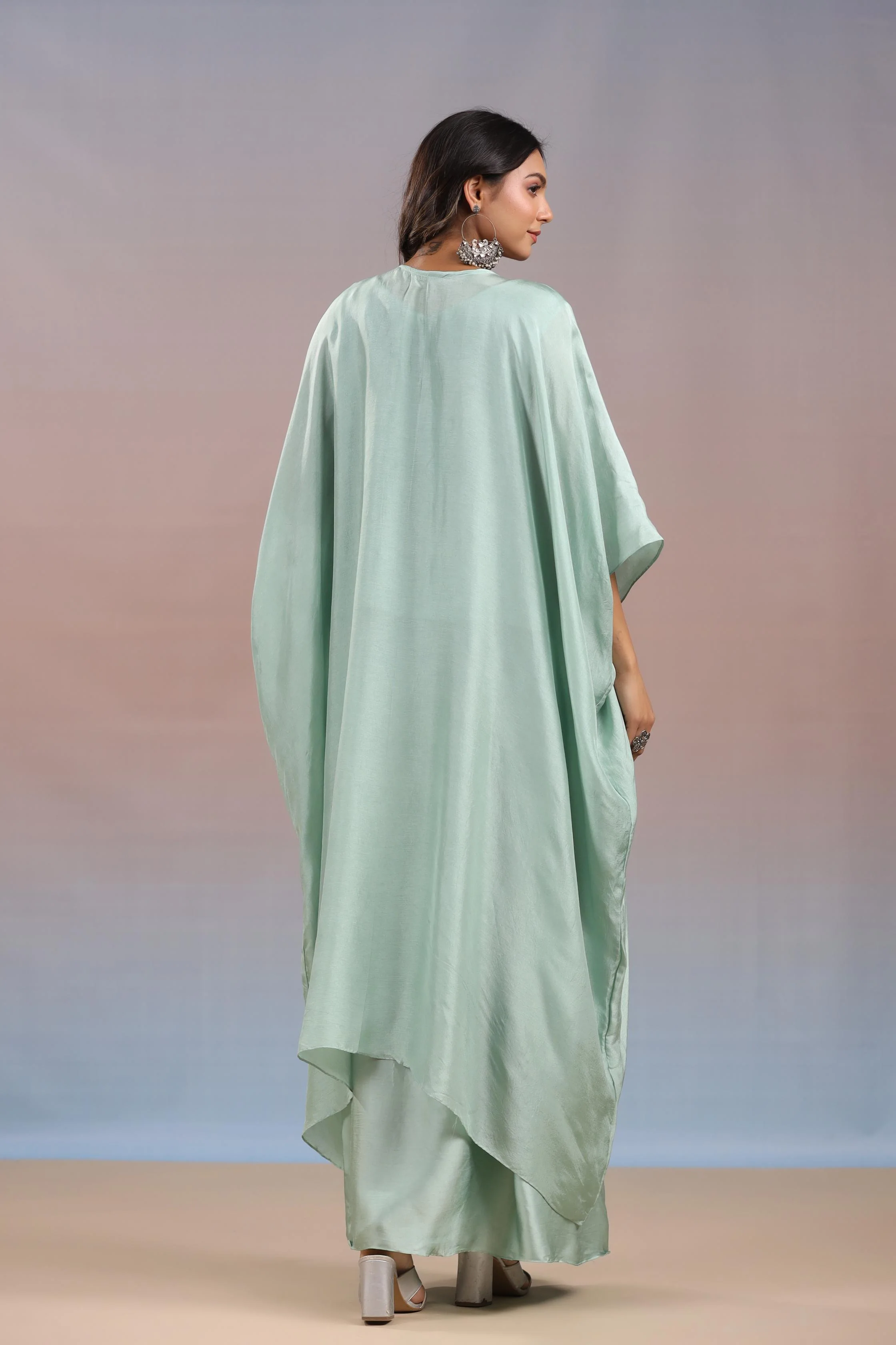 Light Turquoise Embroidered Habutai Silk Skirt Set - Image 5