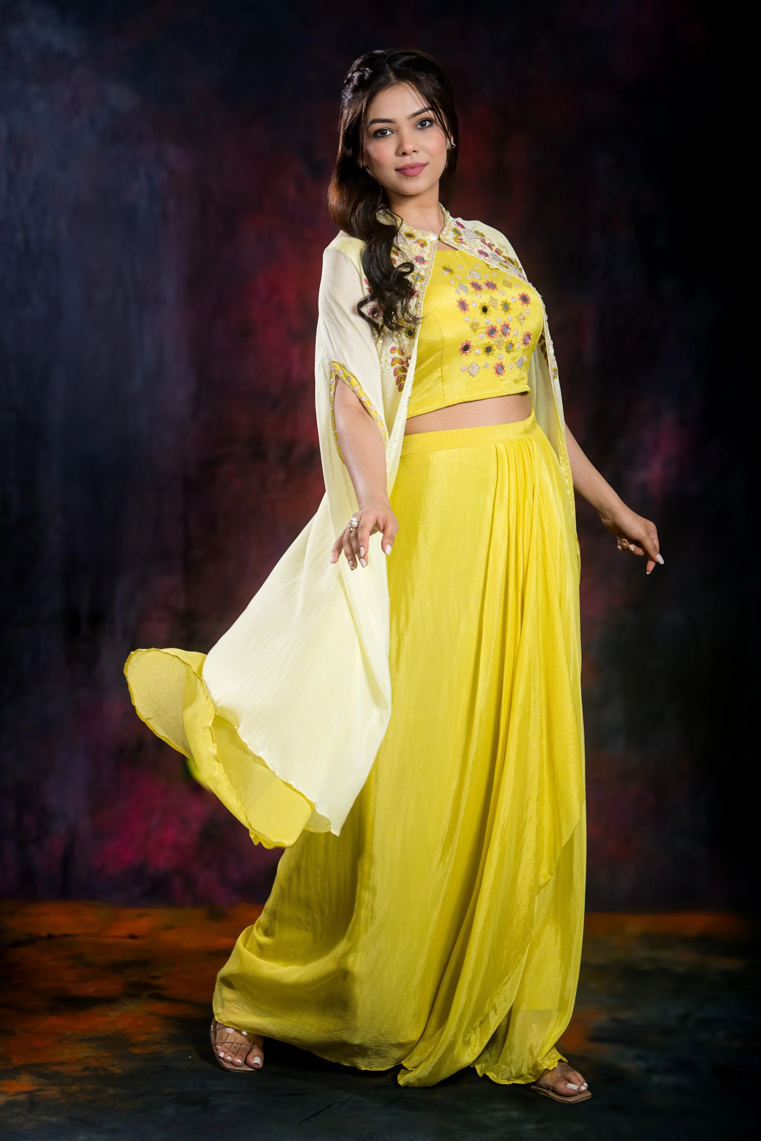 Light Yellow Chinon Silk Cape Set - Image 2