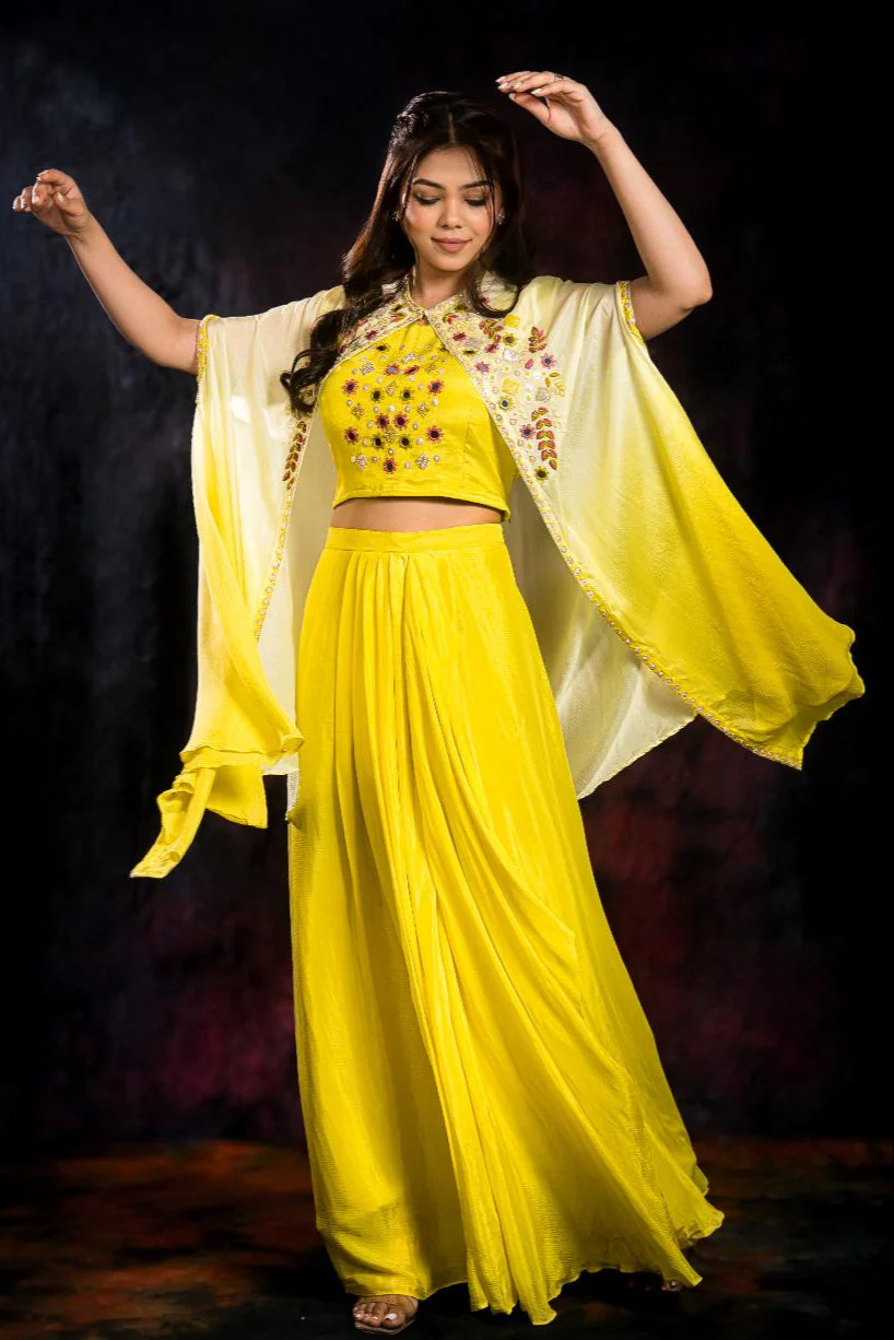 Light Yellow Chinon Silk Cape Set - Image 3