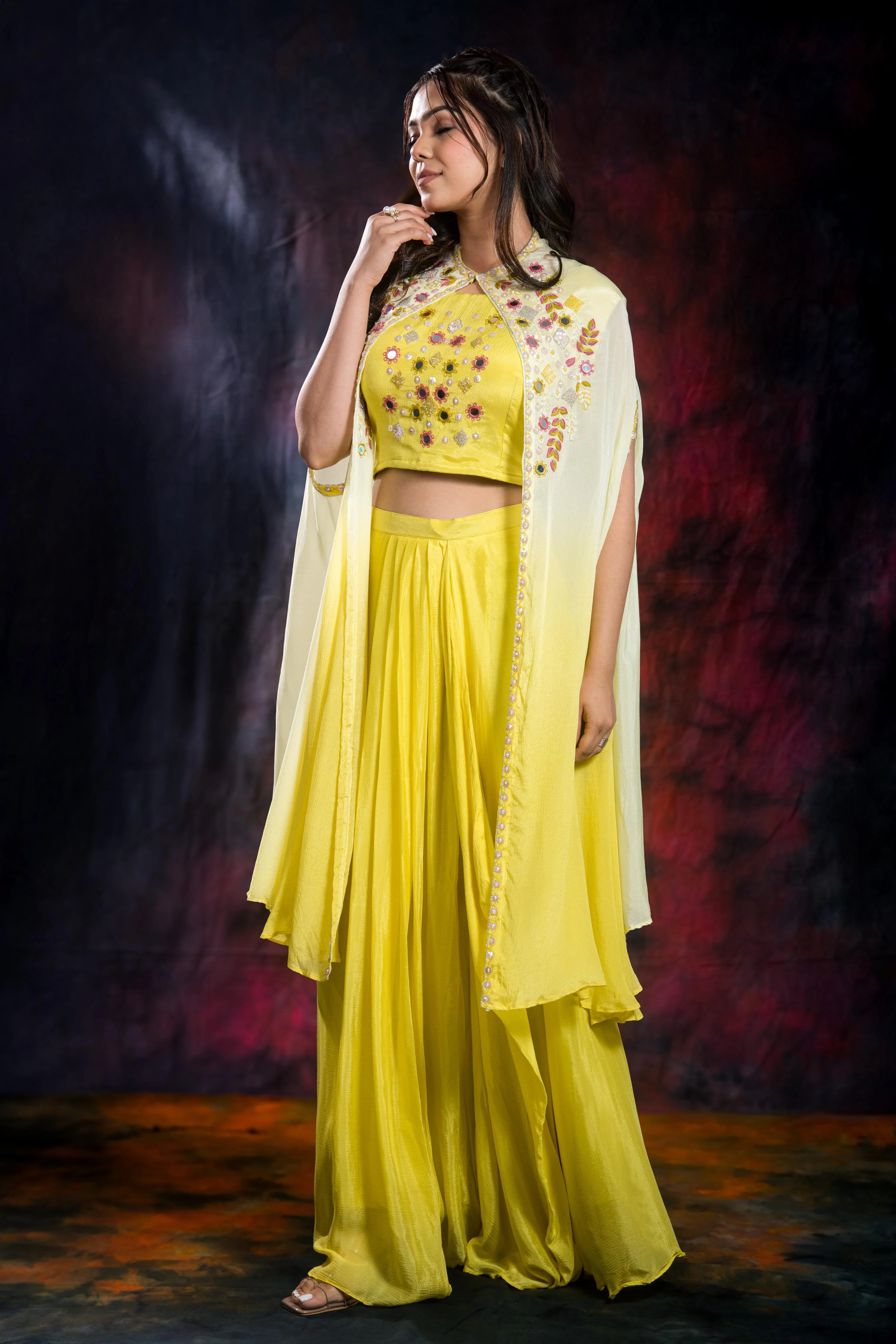 Light Yellow Chinon Silk Cape Set - Image 4