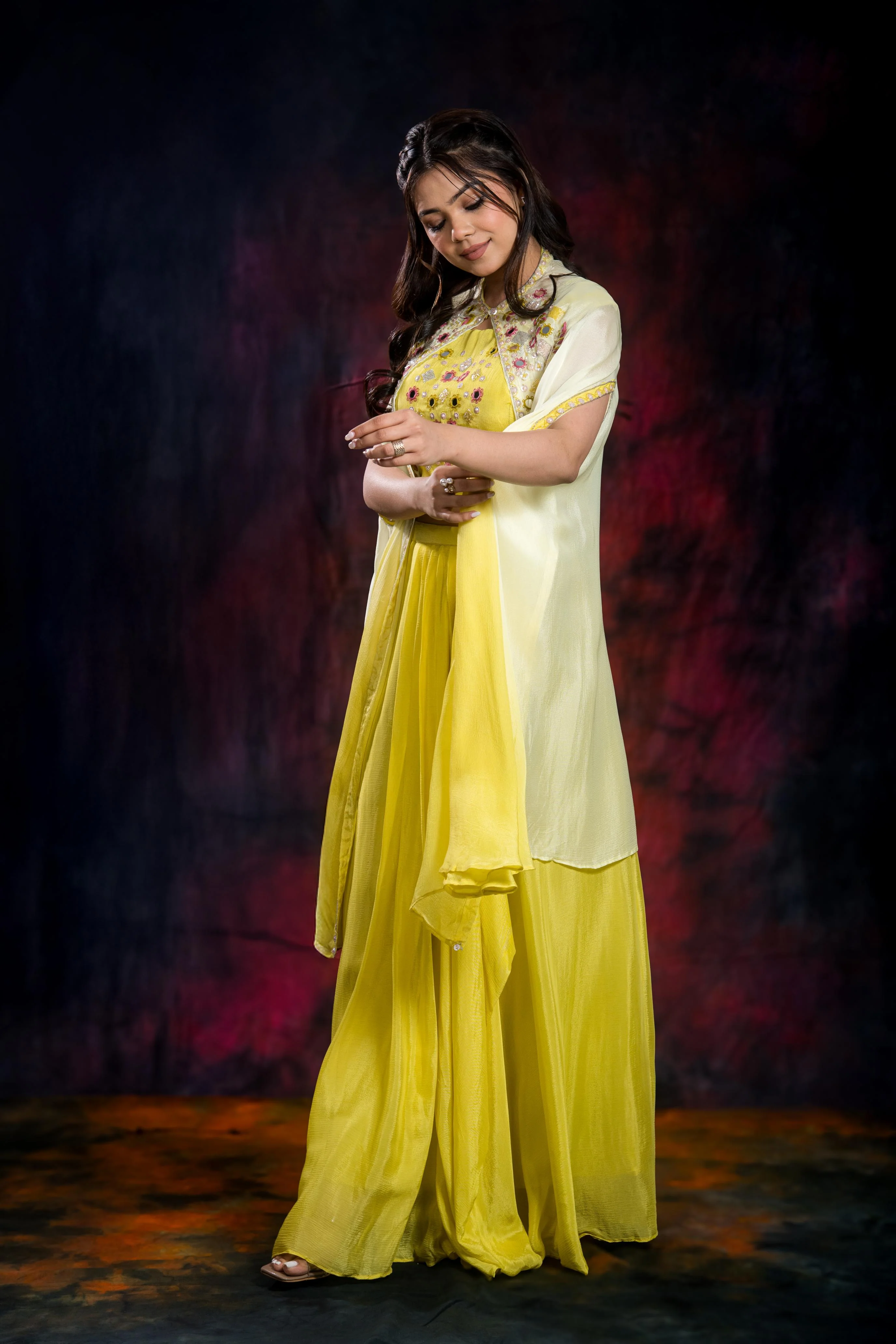 Light Yellow Chinon Silk Cape Set - Image 5