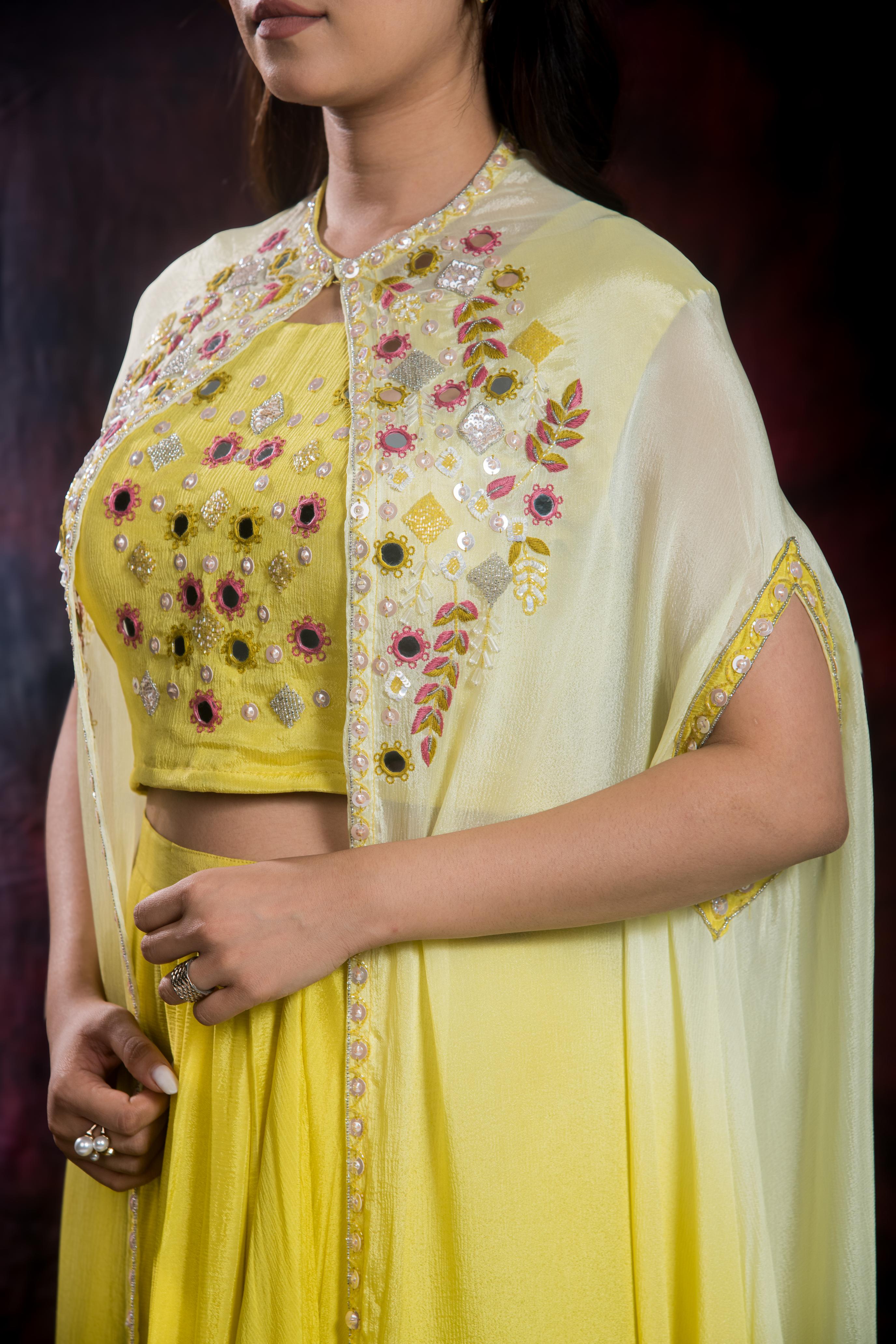 Light Yellow Chinon Silk Cape Set - Image 6