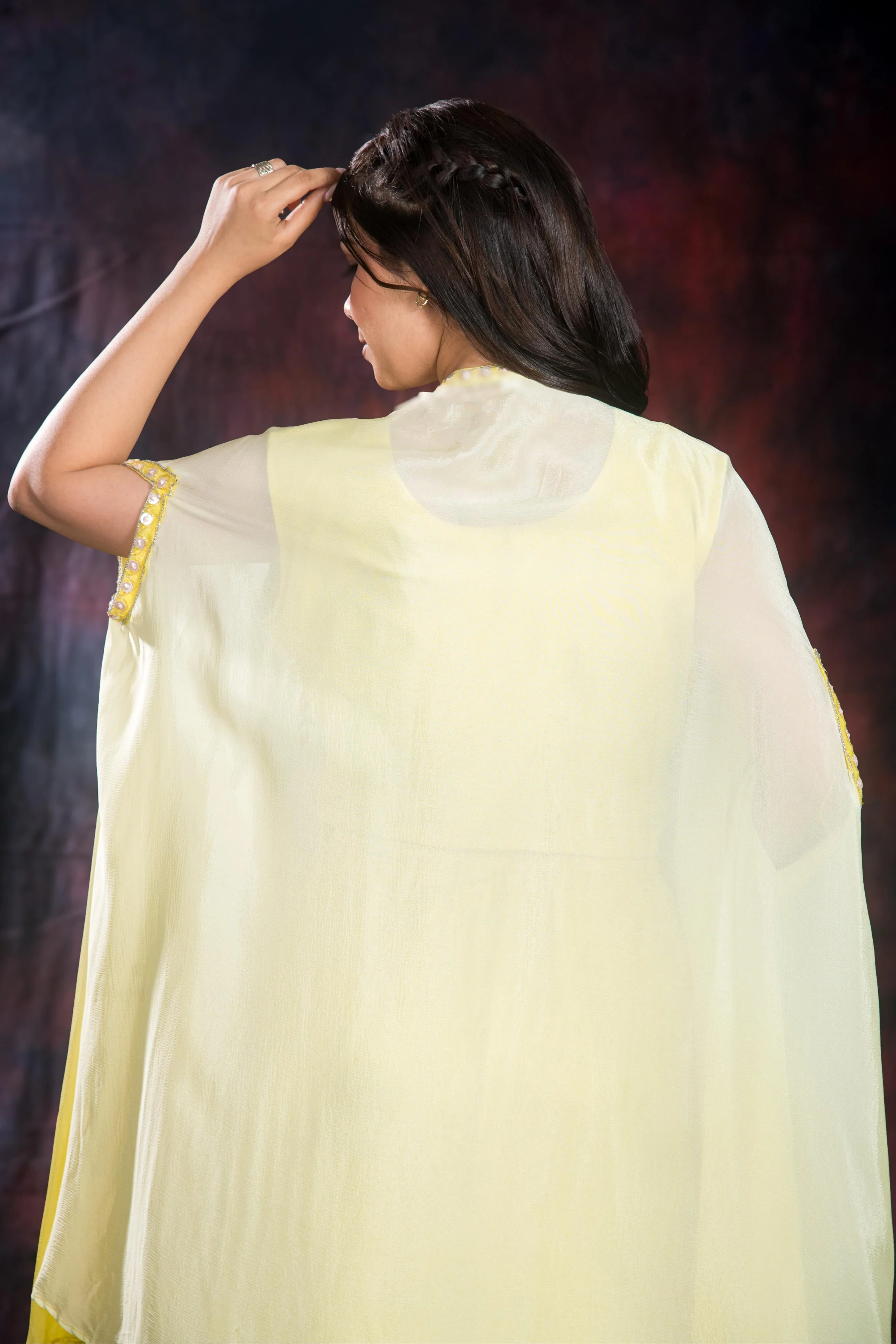 Light Yellow Chinon Silk Cape Set - Image 7