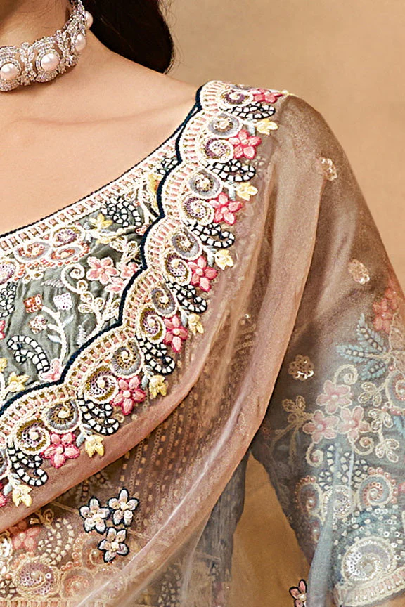 Shaded Grey Embellished Organza Satin Saree - Image 3