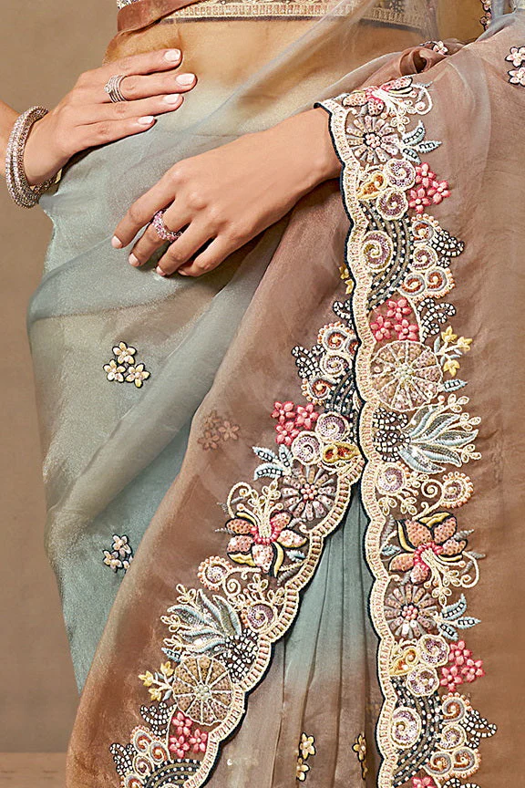 Shaded Grey Embellished Organza Satin Saree - Image 4