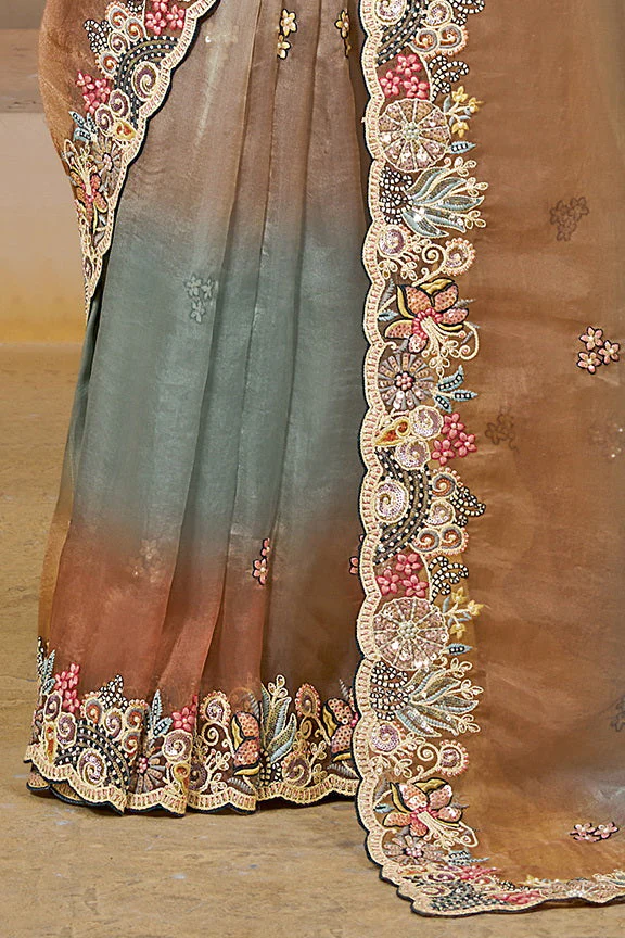 Shaded Grey Embellished Organza Satin Saree - Image 5