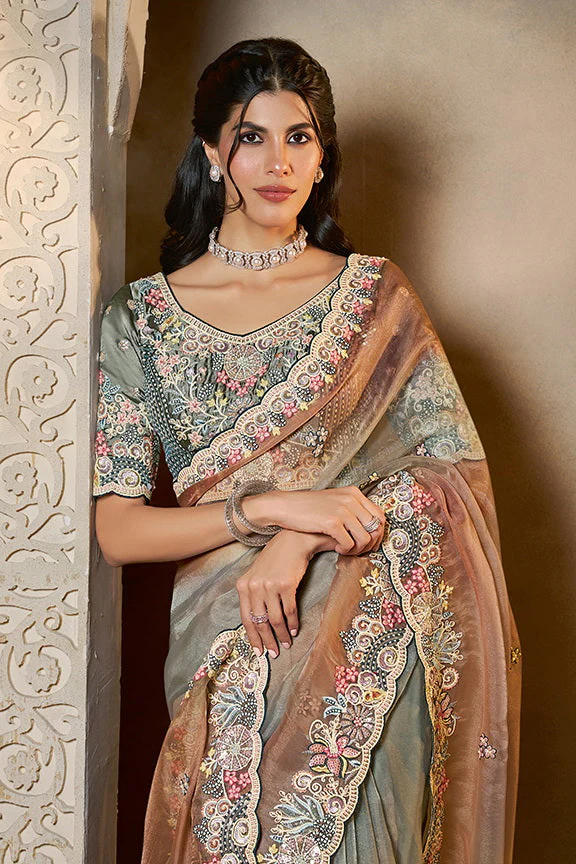 Shaded Grey Embellished Organza Satin Saree - Image 6