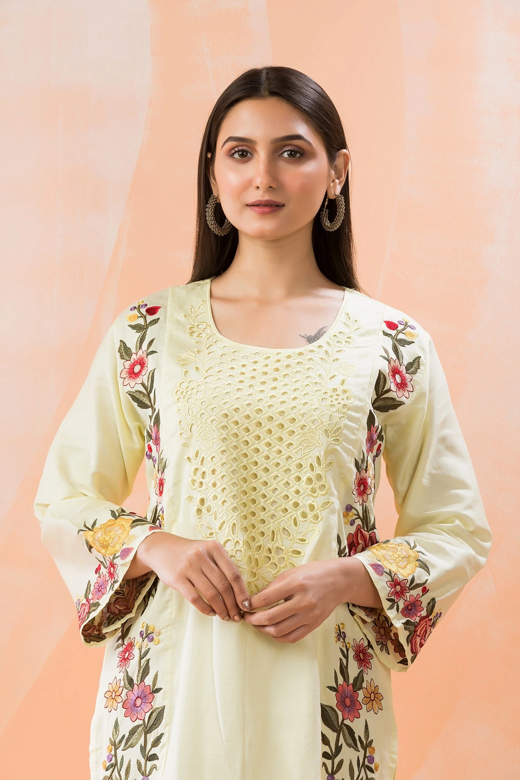 Light Yellow Embroidered Pure Cotton Pant Set - Image 2