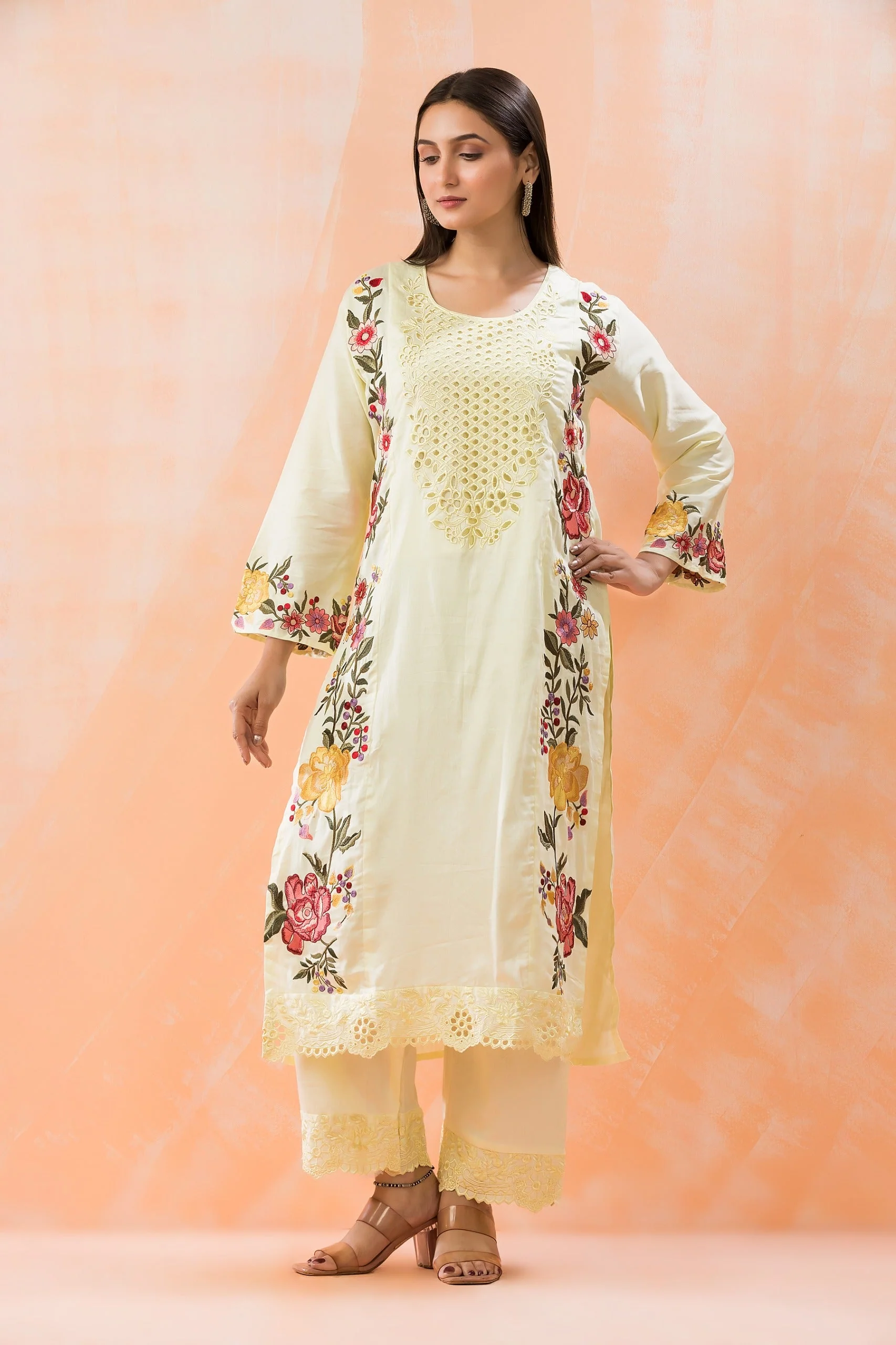 Light Yellow Embroidered Pure Cotton Pant Set - Image 3