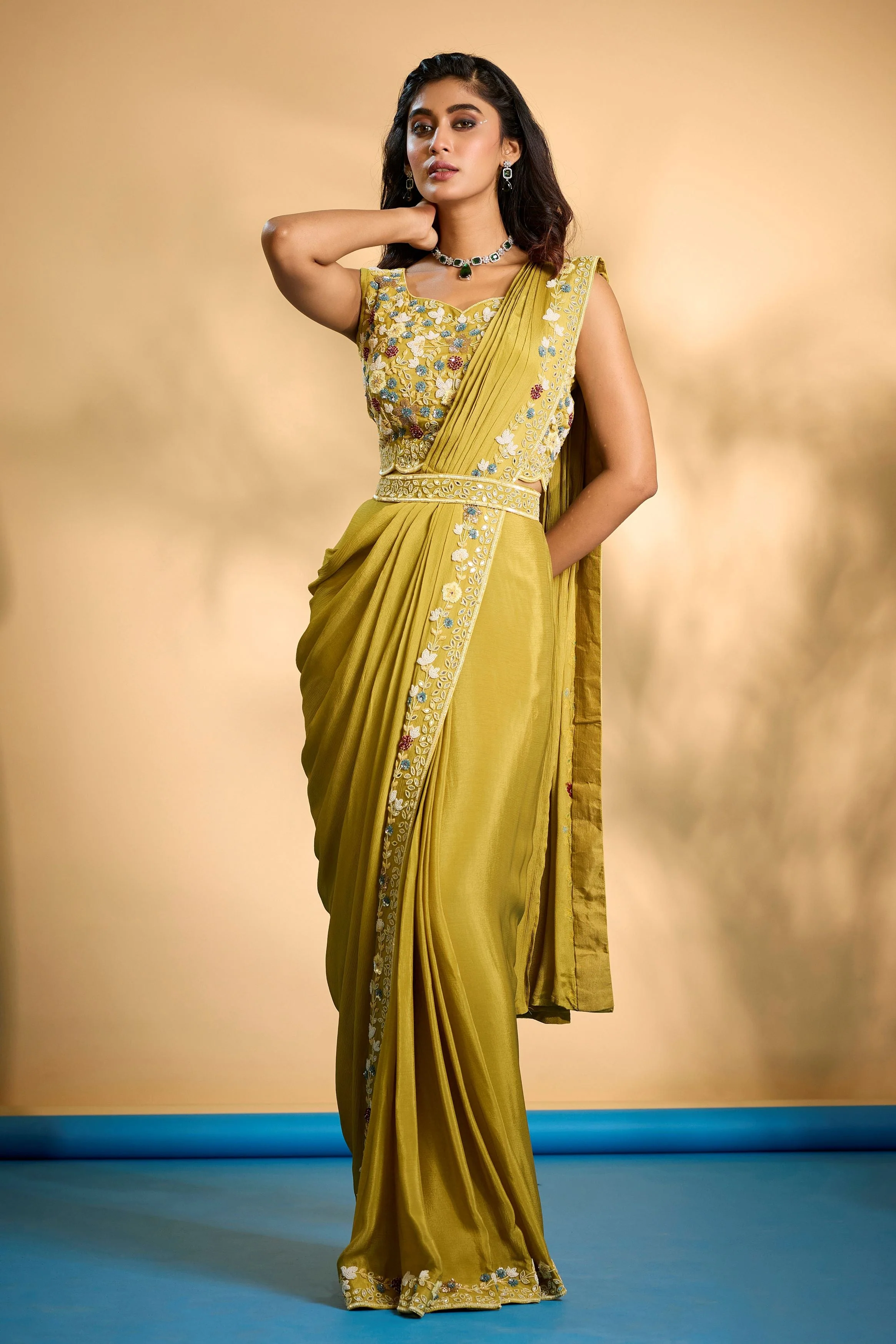 Mustard Embellished Chinon Silk Drape Saree - Image 3