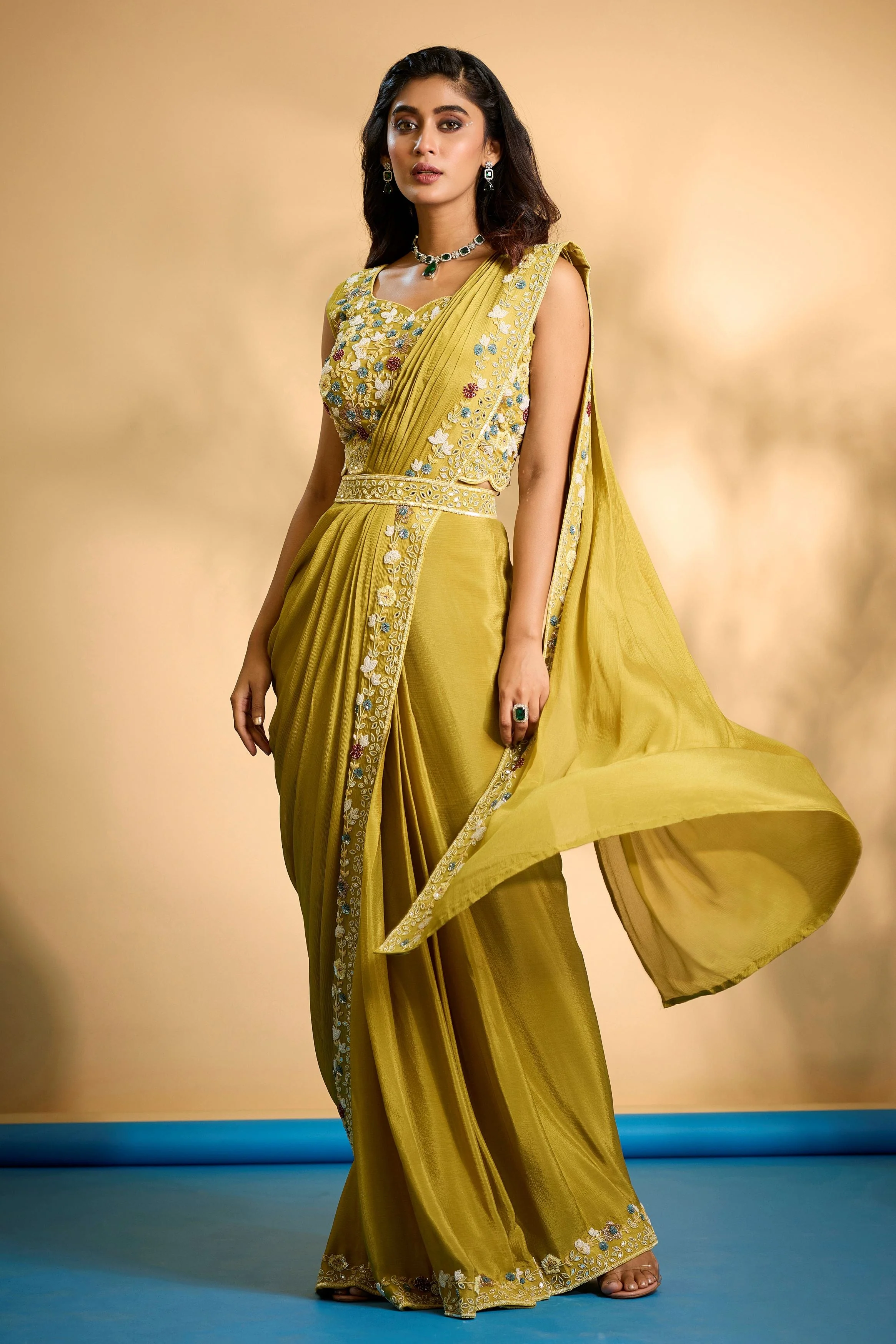 Mustard Embellished Chinon Silk Drape Saree - Image 4