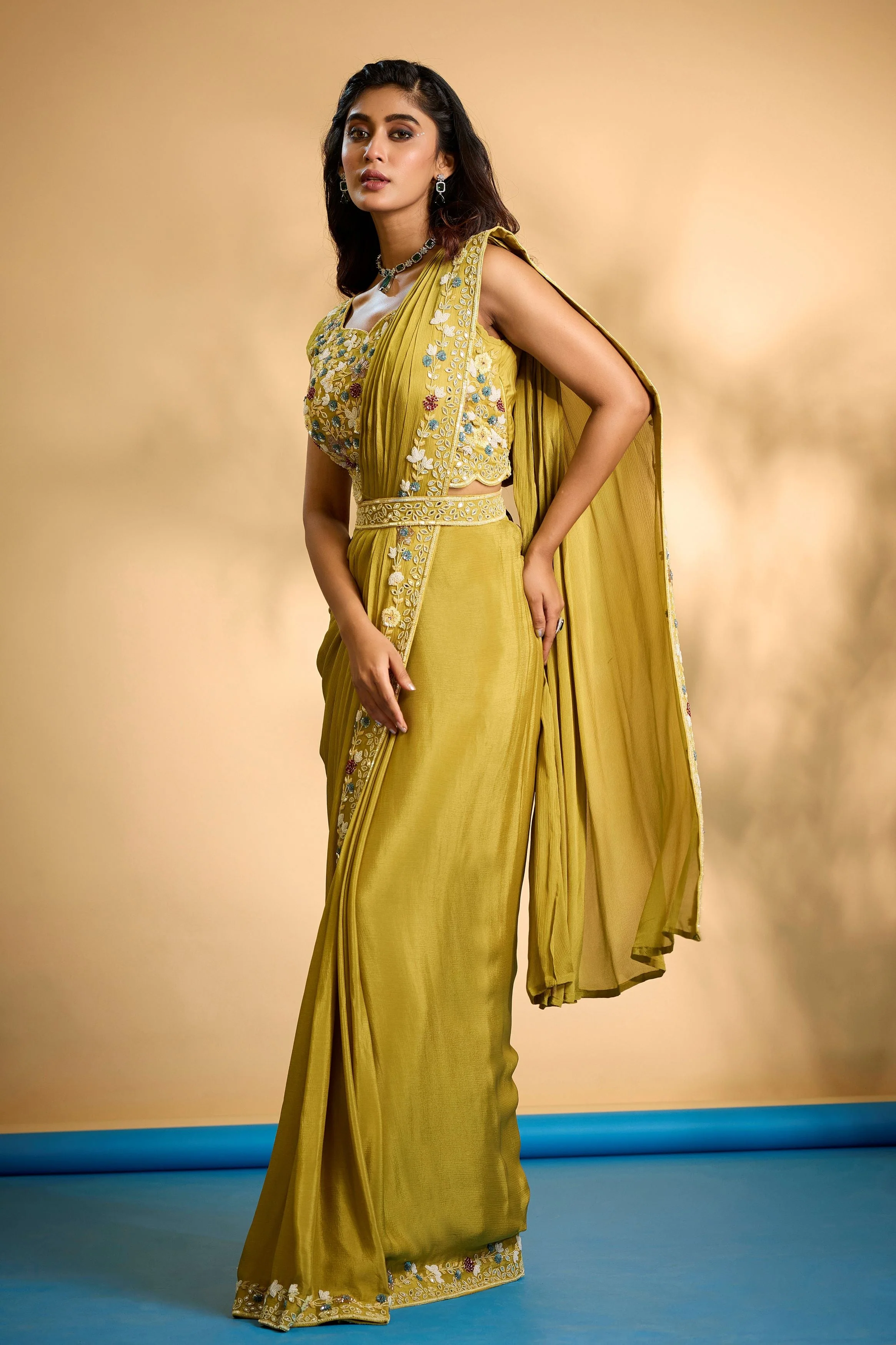 Mustard Embellished Chinon Silk Drape Saree - Image 5