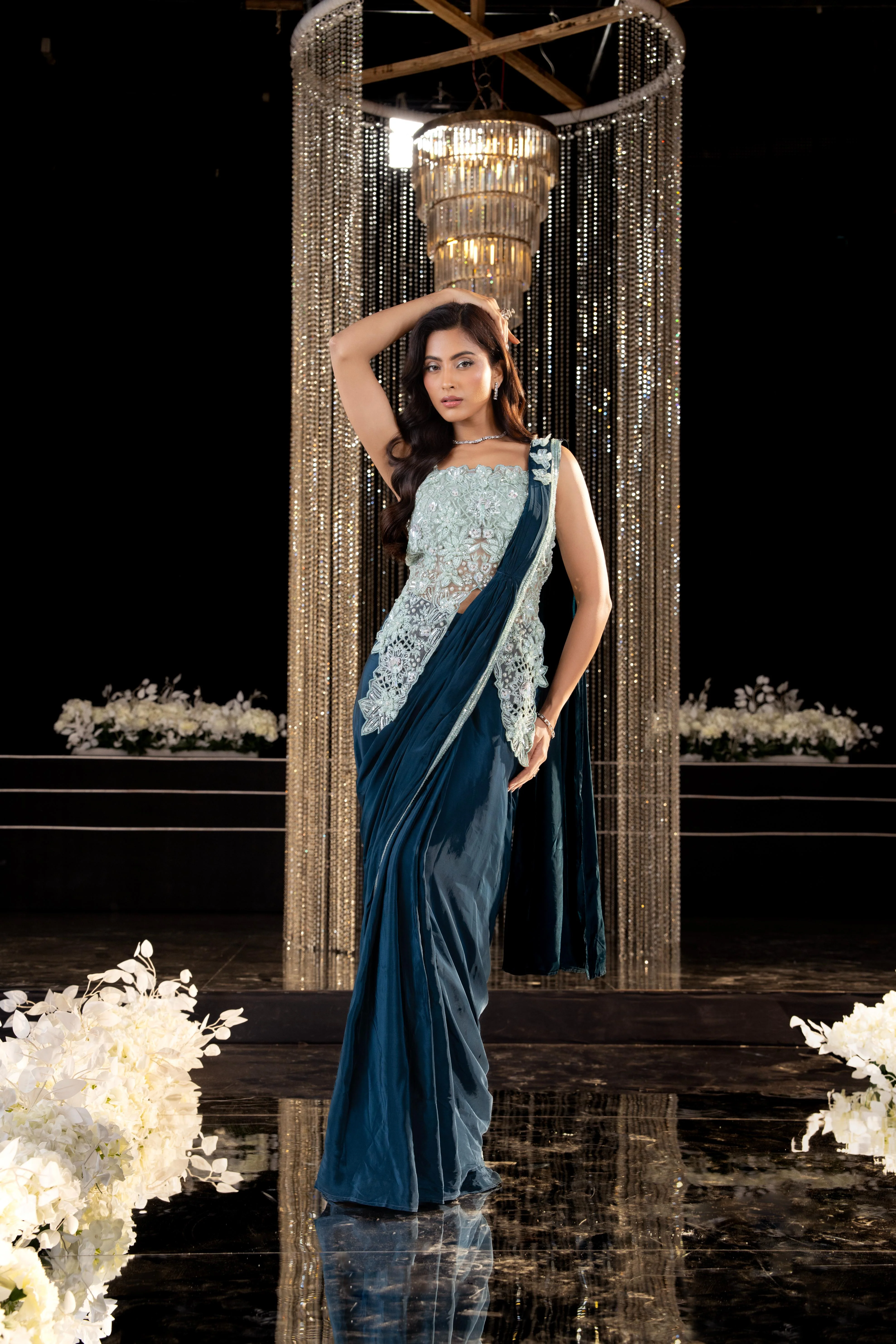 Navy Teal Embellished Crepe Silk Draped Saree - Image 3