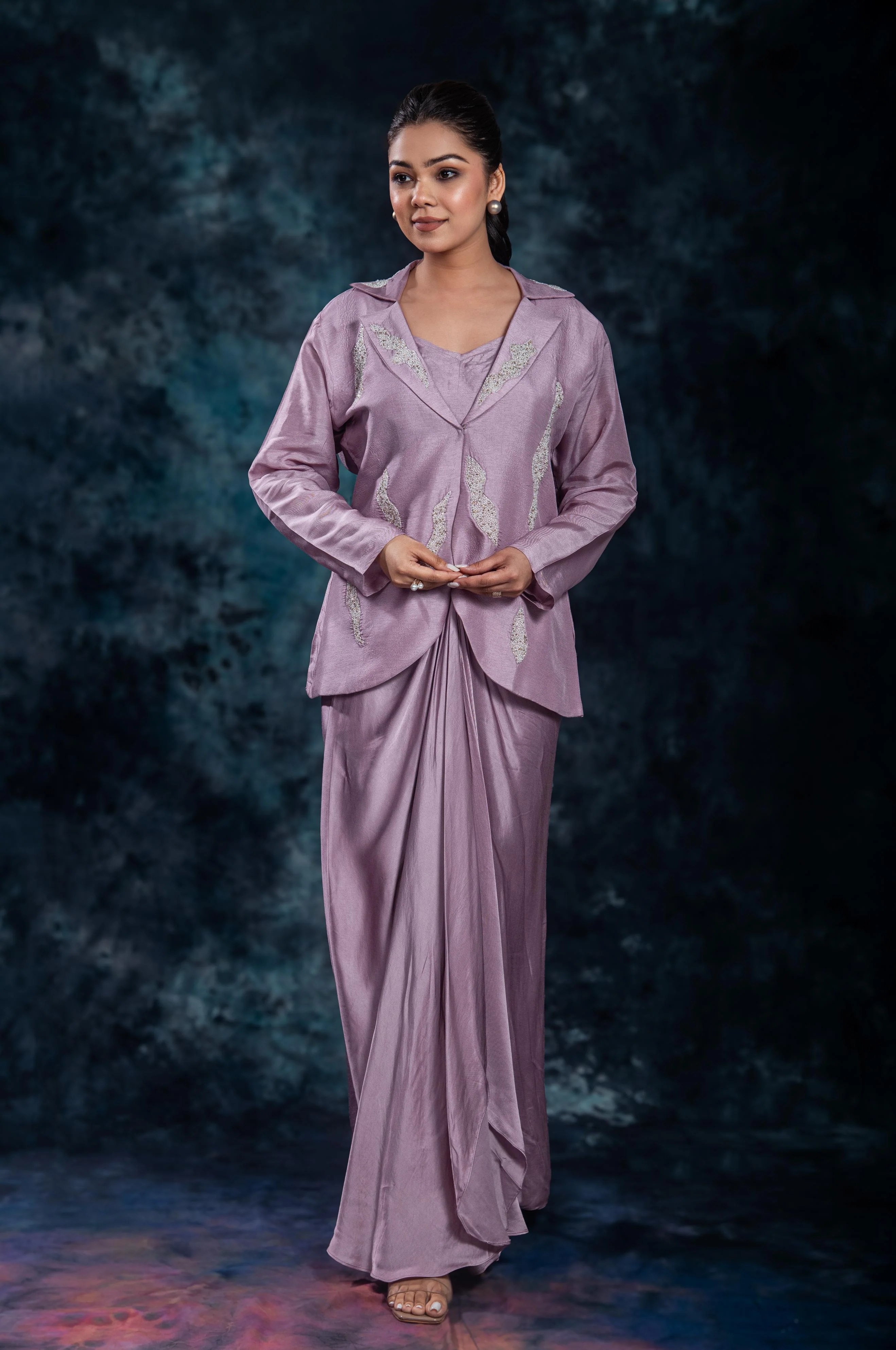 Lilac Mauve Embellished Raw Silk Skirt Set - Image 2