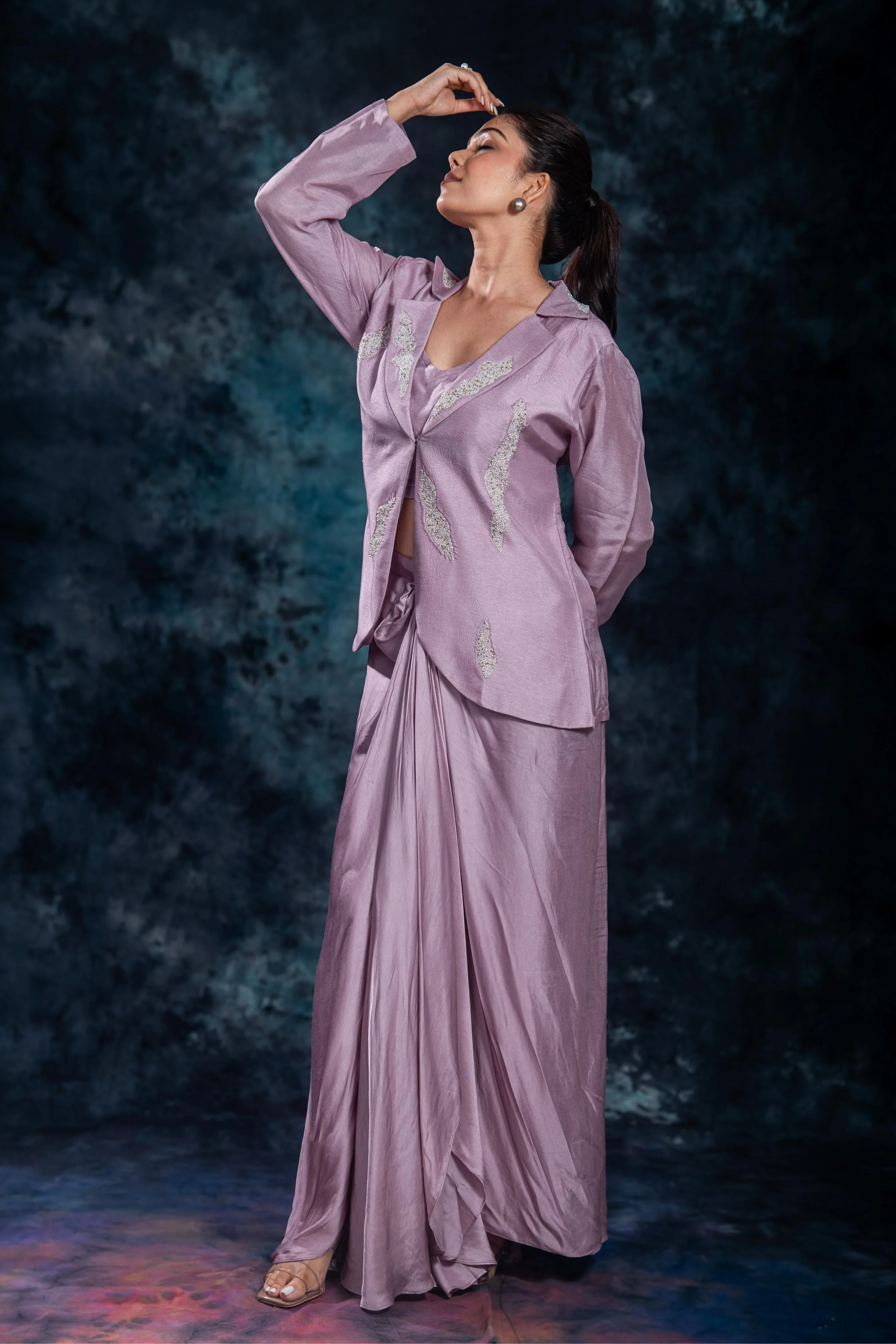 Lilac Mauve Embellished Raw Silk Skirt Set - Image 3