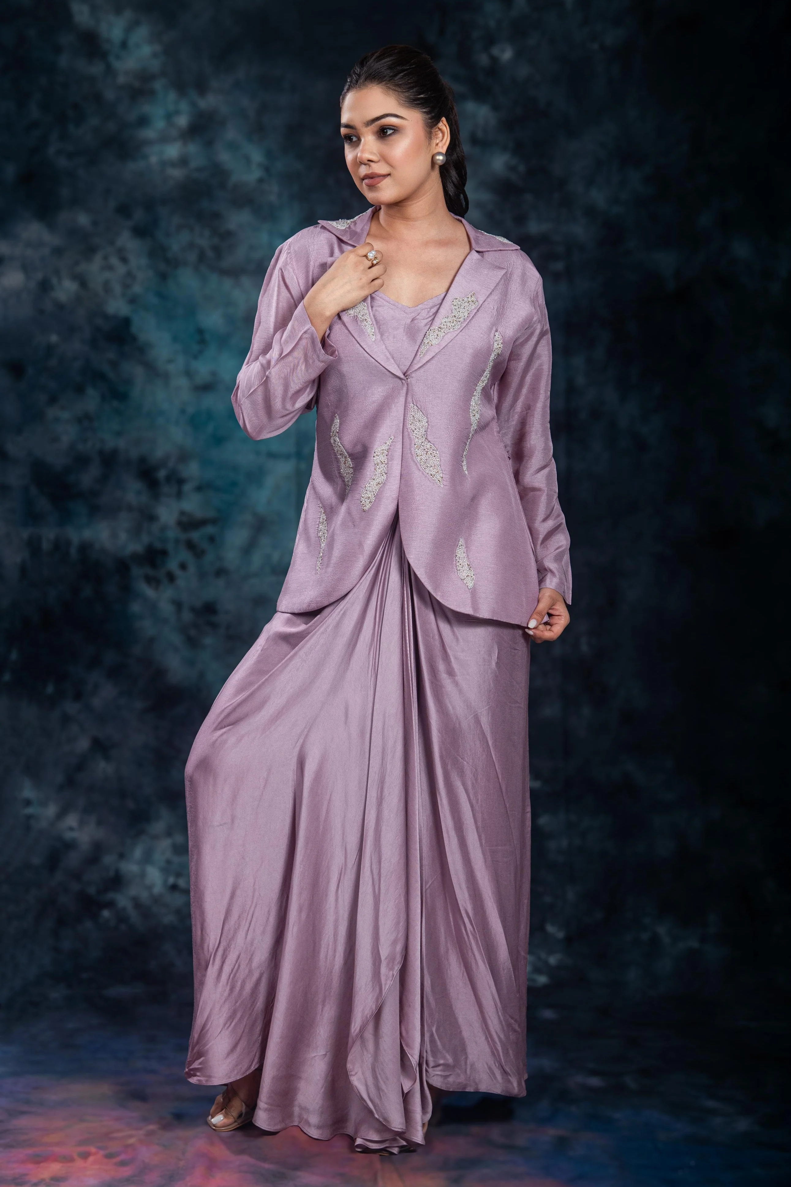 Lilac Mauve Embellished Raw Silk Skirt Set - Image 4