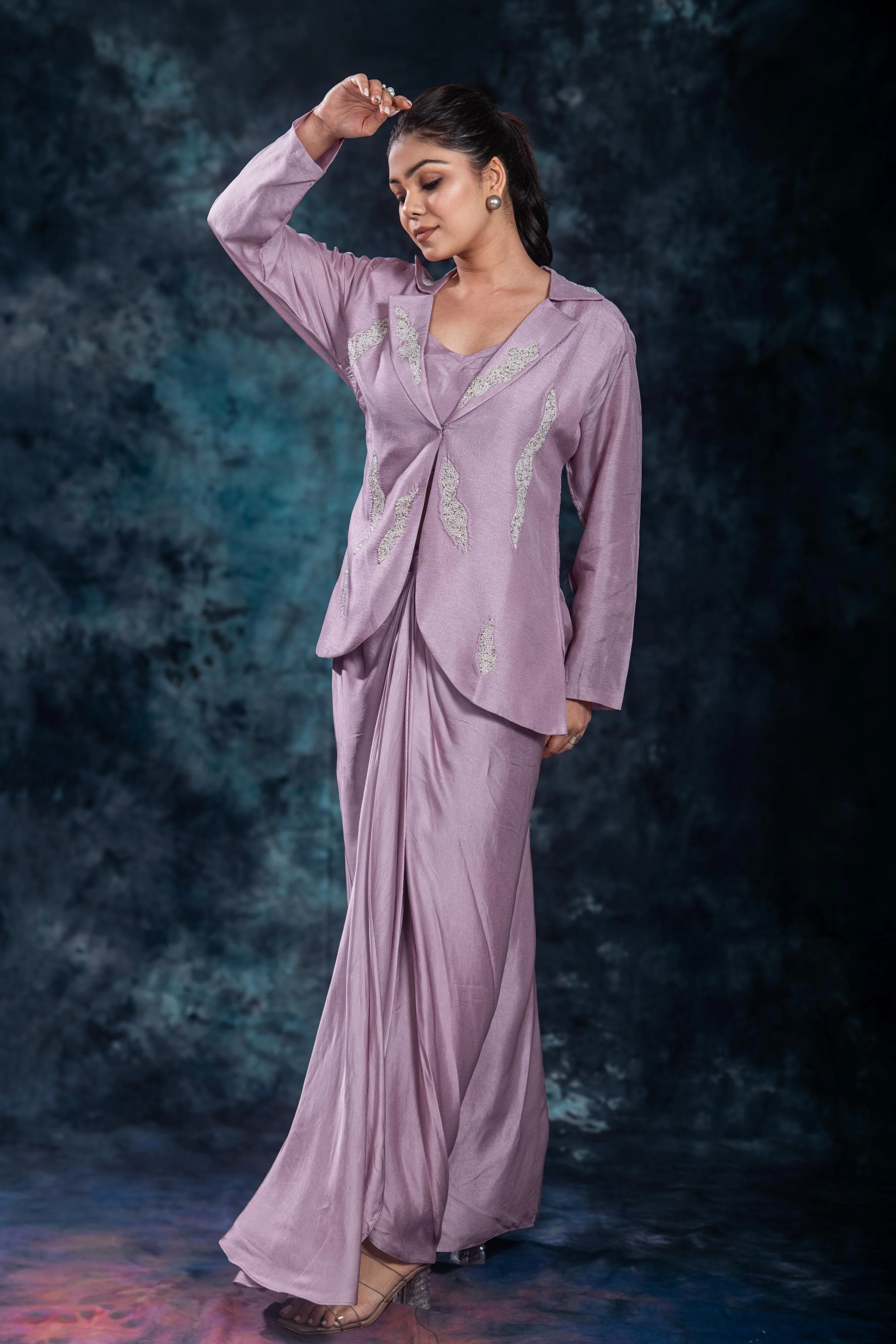 Lilac Mauve Embellished Raw Silk Skirt Set - Image 5