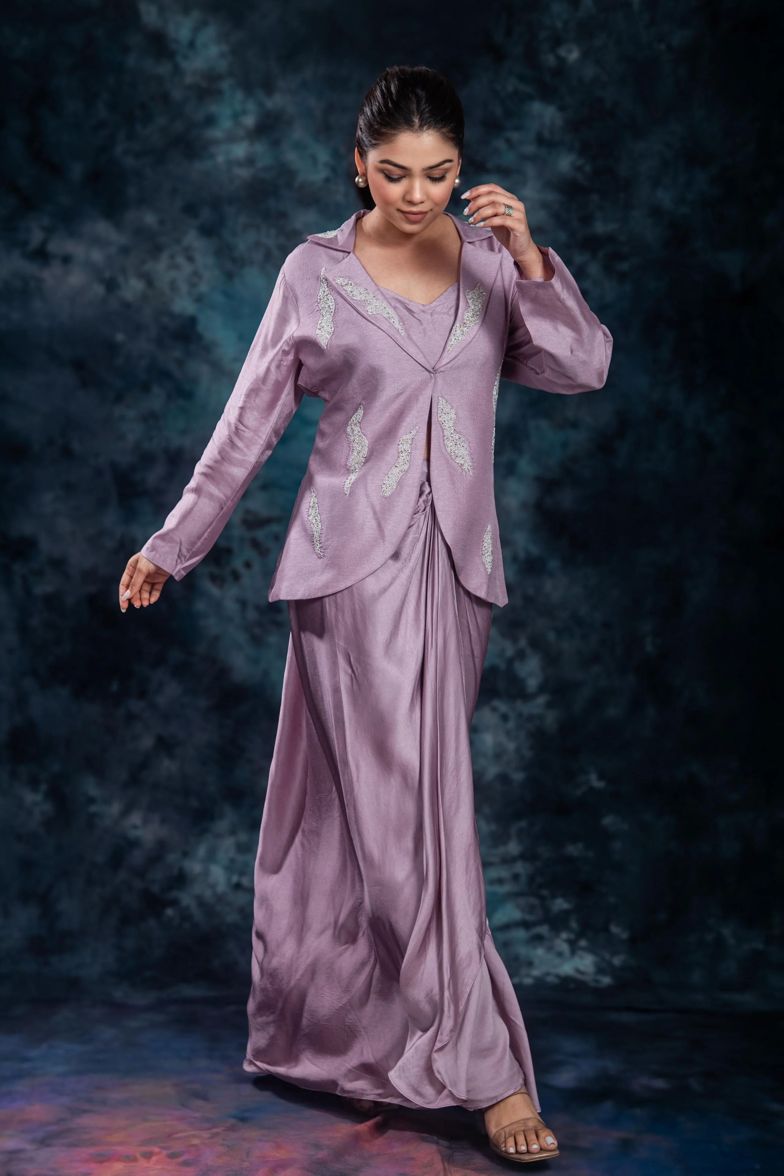Lilac Mauve Embellished Raw Silk Skirt Set - Image 6