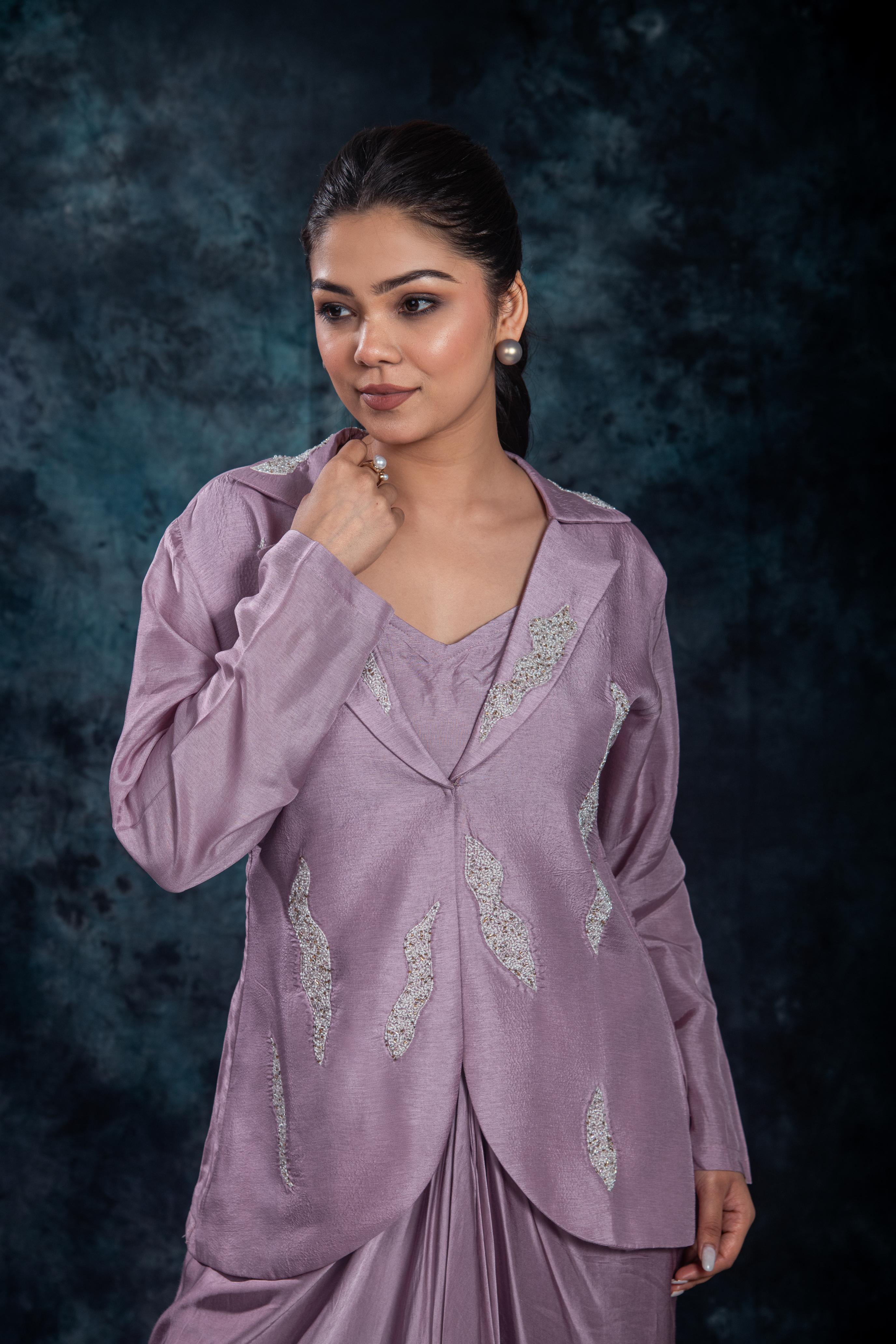 Lilac Mauve Embellished Raw Silk Skirt Set - Image 7