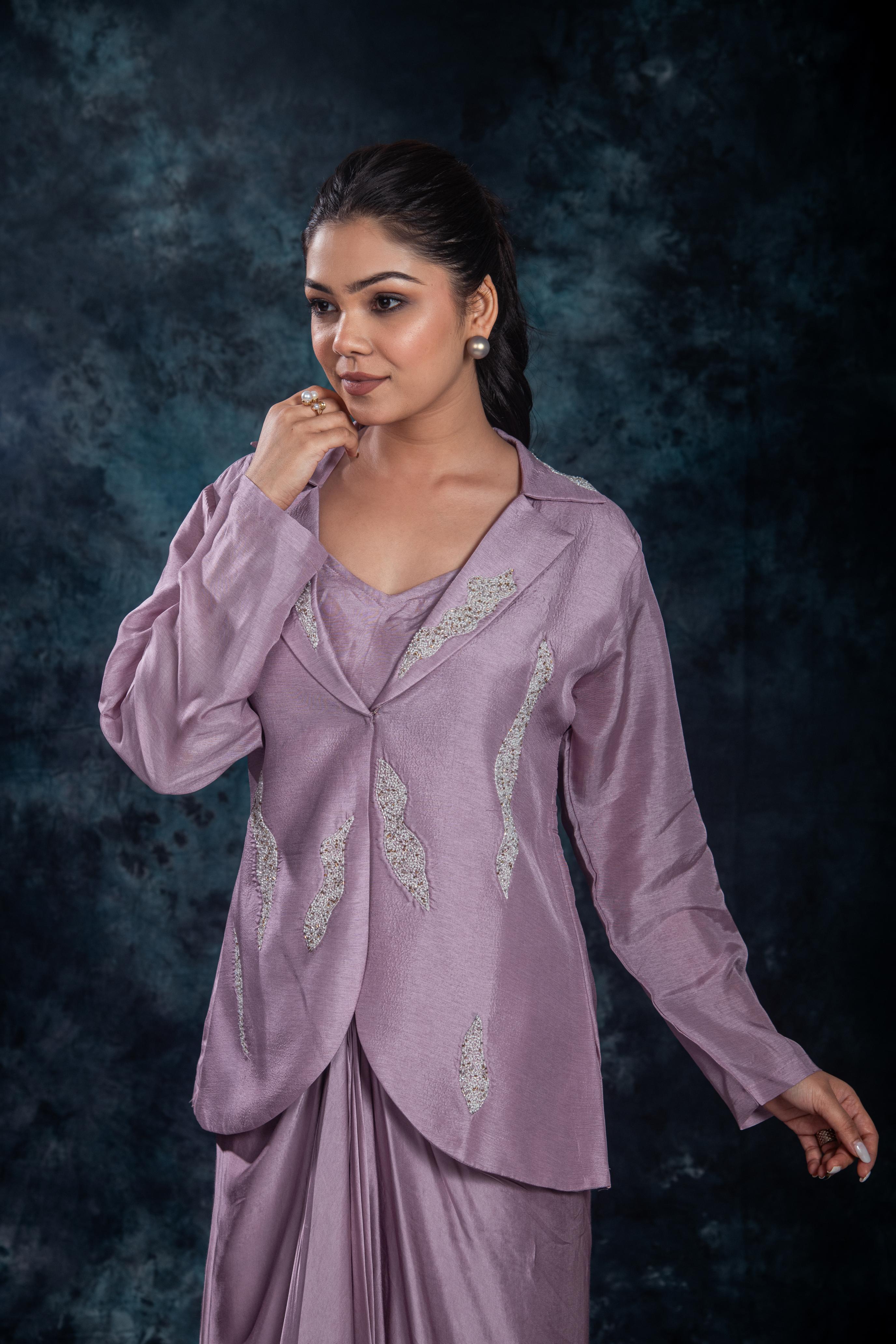 Lilac Mauve Embellished Raw Silk Skirt Set - Image 8