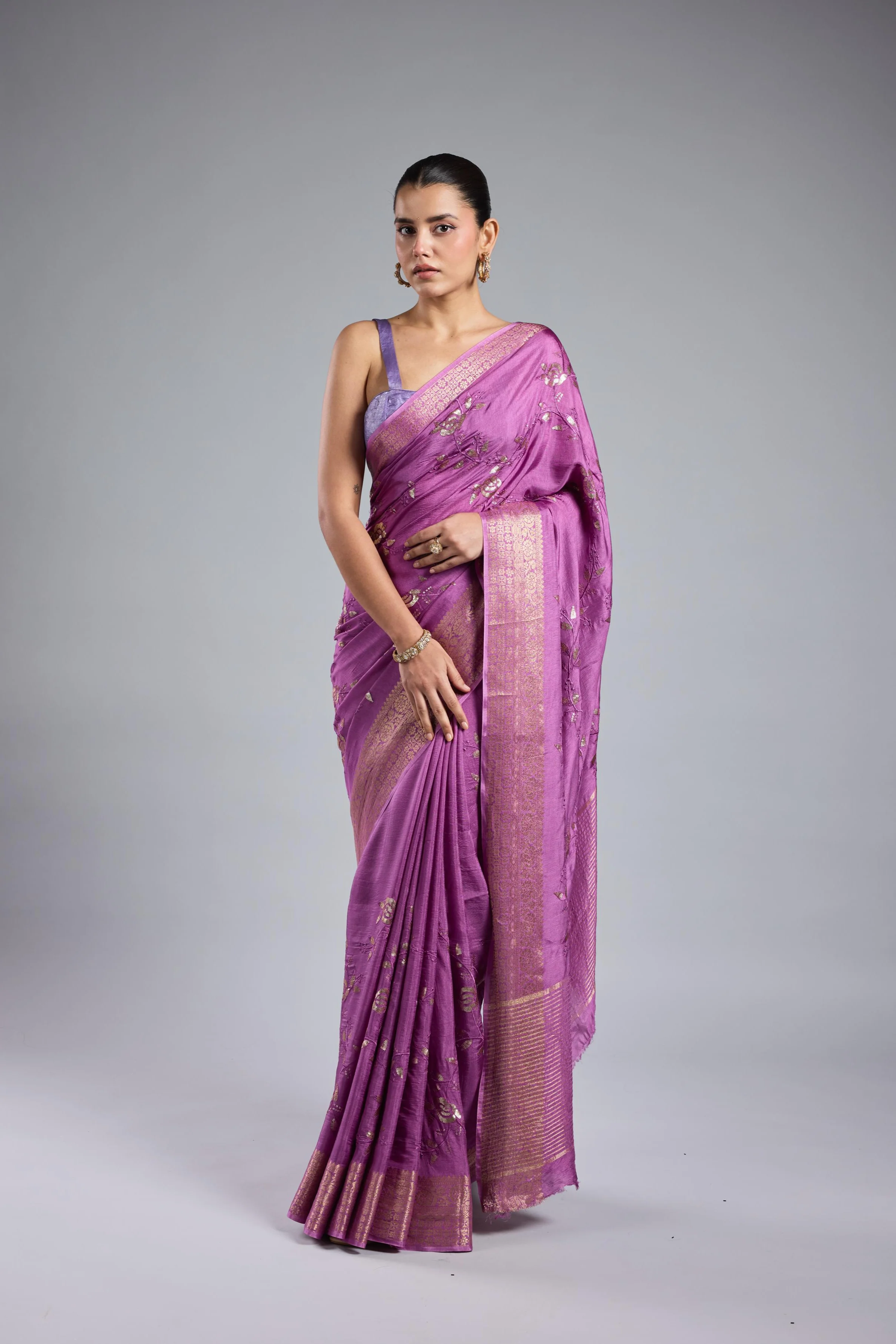 Lilac Embellished Russian Silk Saree