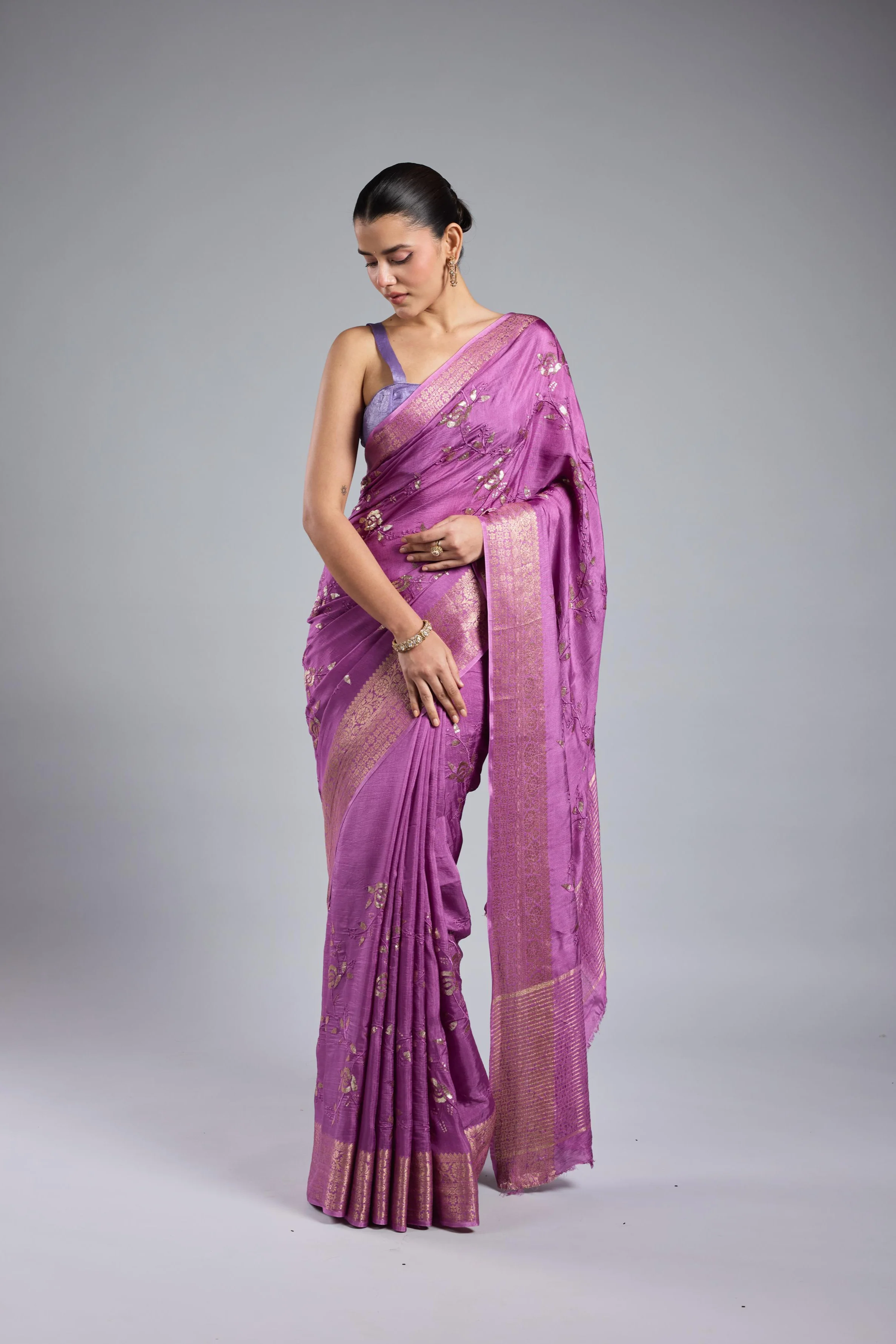 Lilac Embellished Russian Silk Saree - Image 2