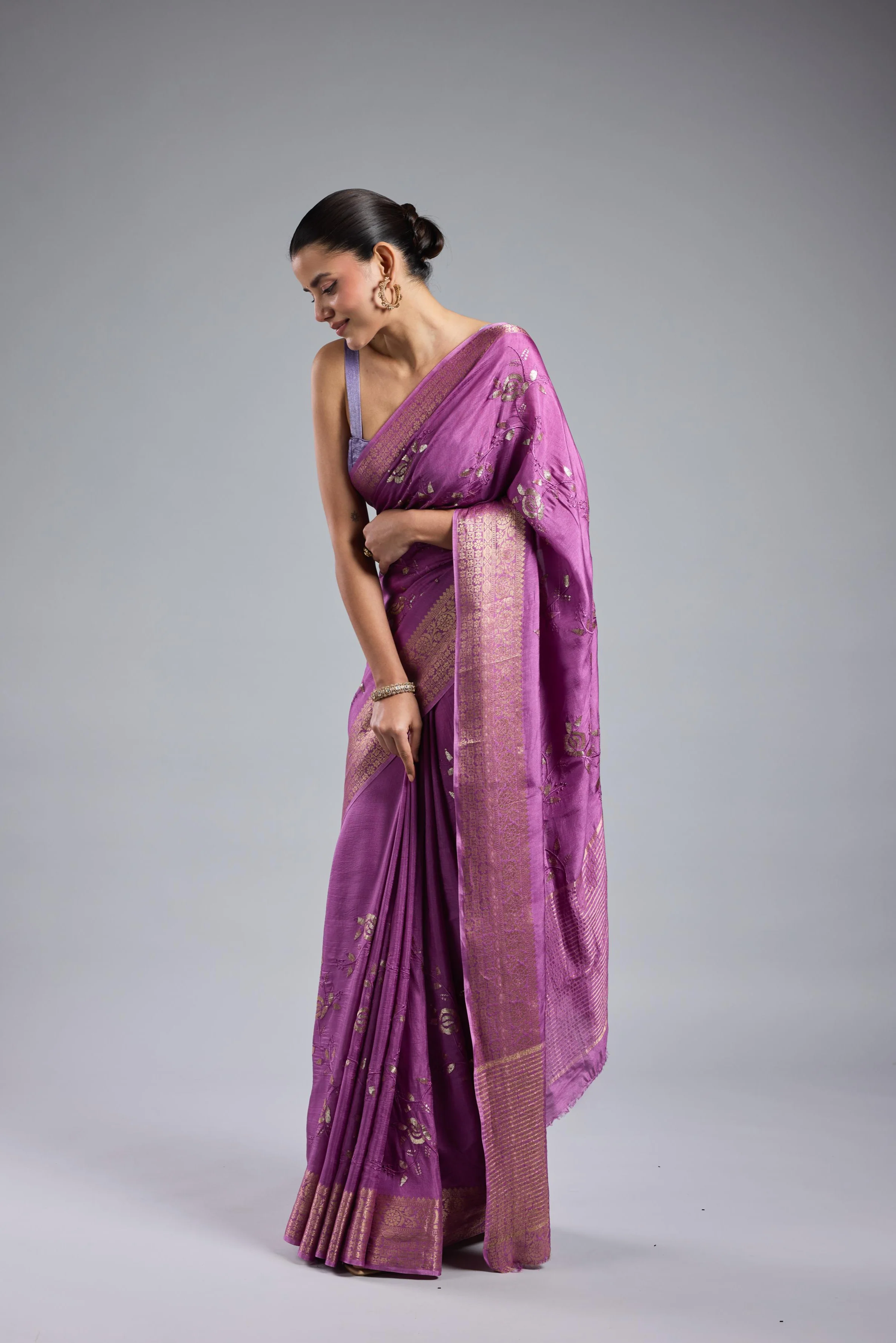 Lilac Embellished Russian Silk Saree - Image 3