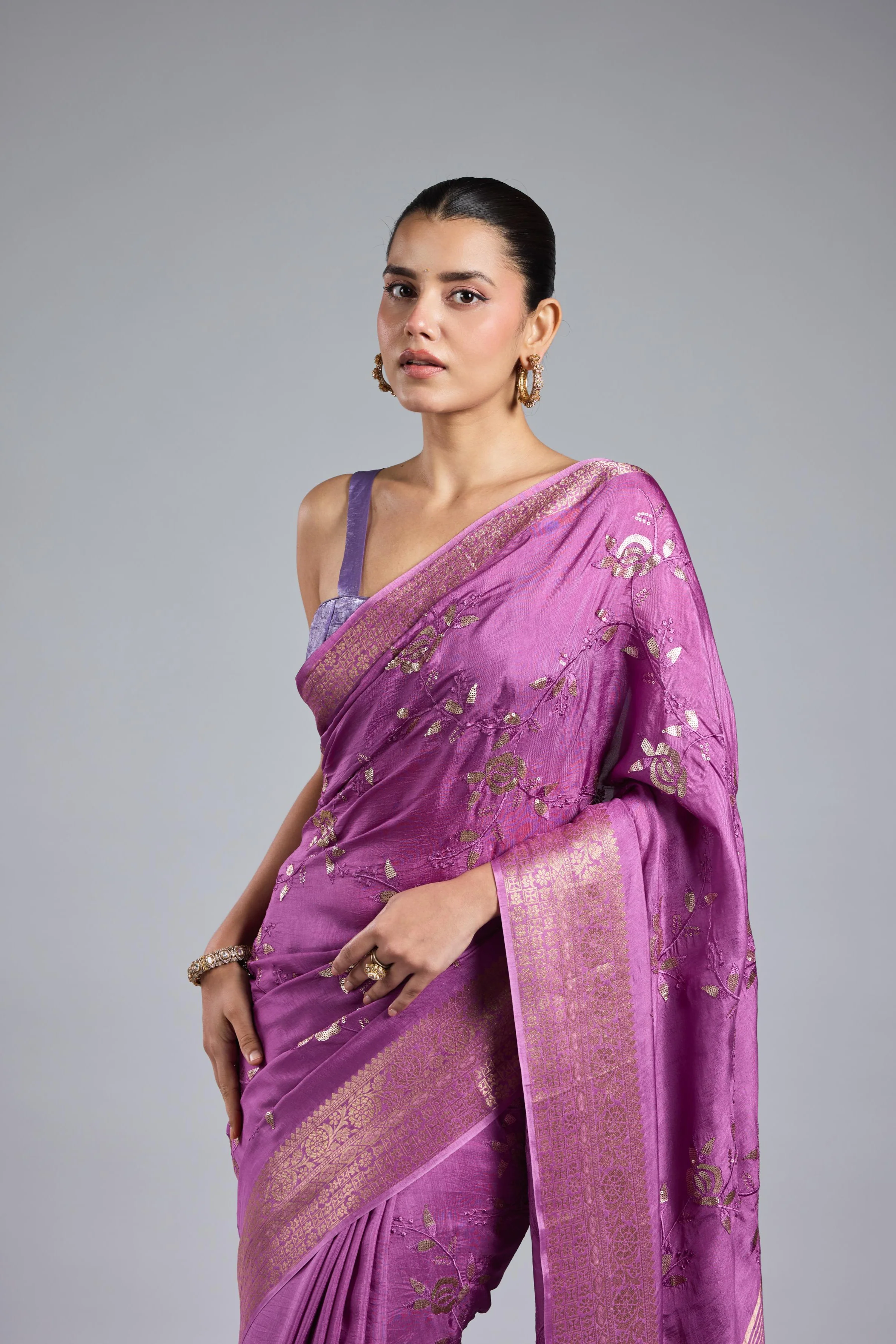 Lilac Embellished Russian Silk Saree - Image 6