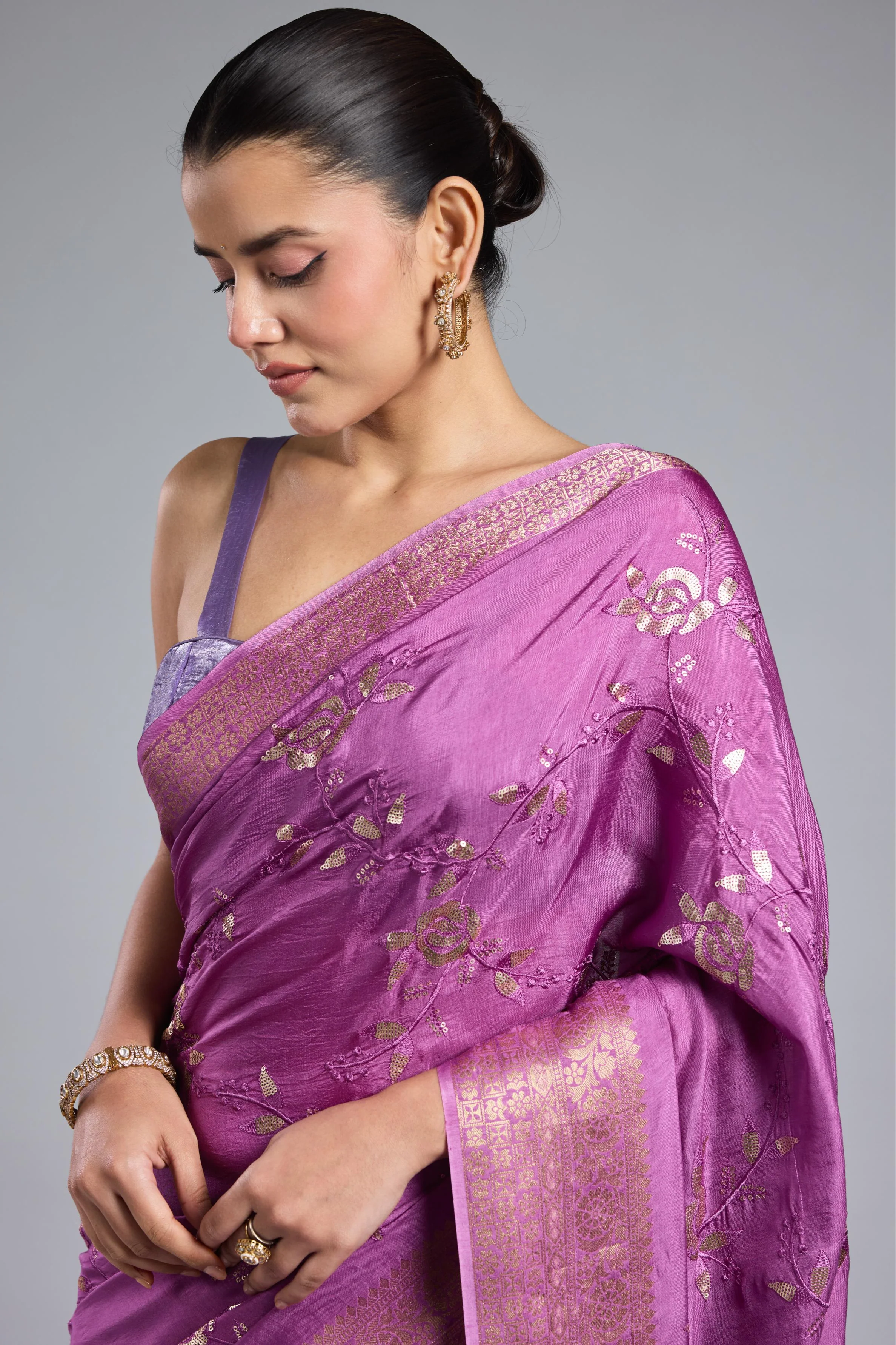 Lilac Embellished Russian Silk Saree - Image 7