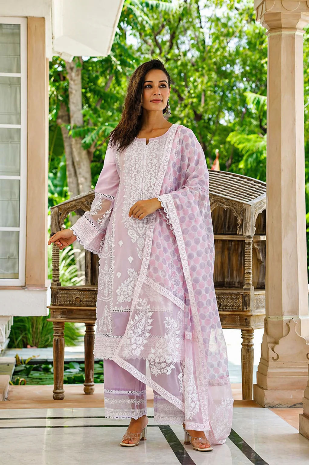 Lilac Embroidered Mul Cotton Pant Set