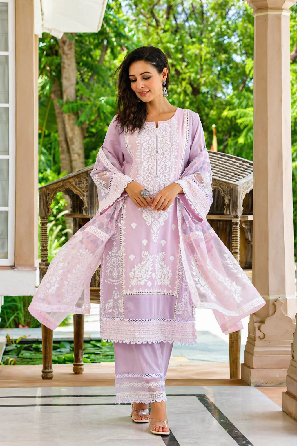Lilac Embroidered Mul Cotton Pant Set - Image 3