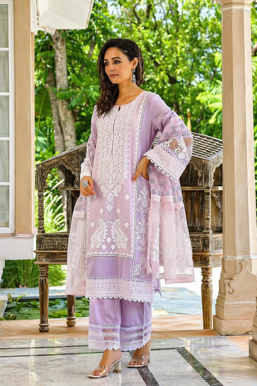 Lilac Embroidered Mul Cotton Pant Set - Image 5