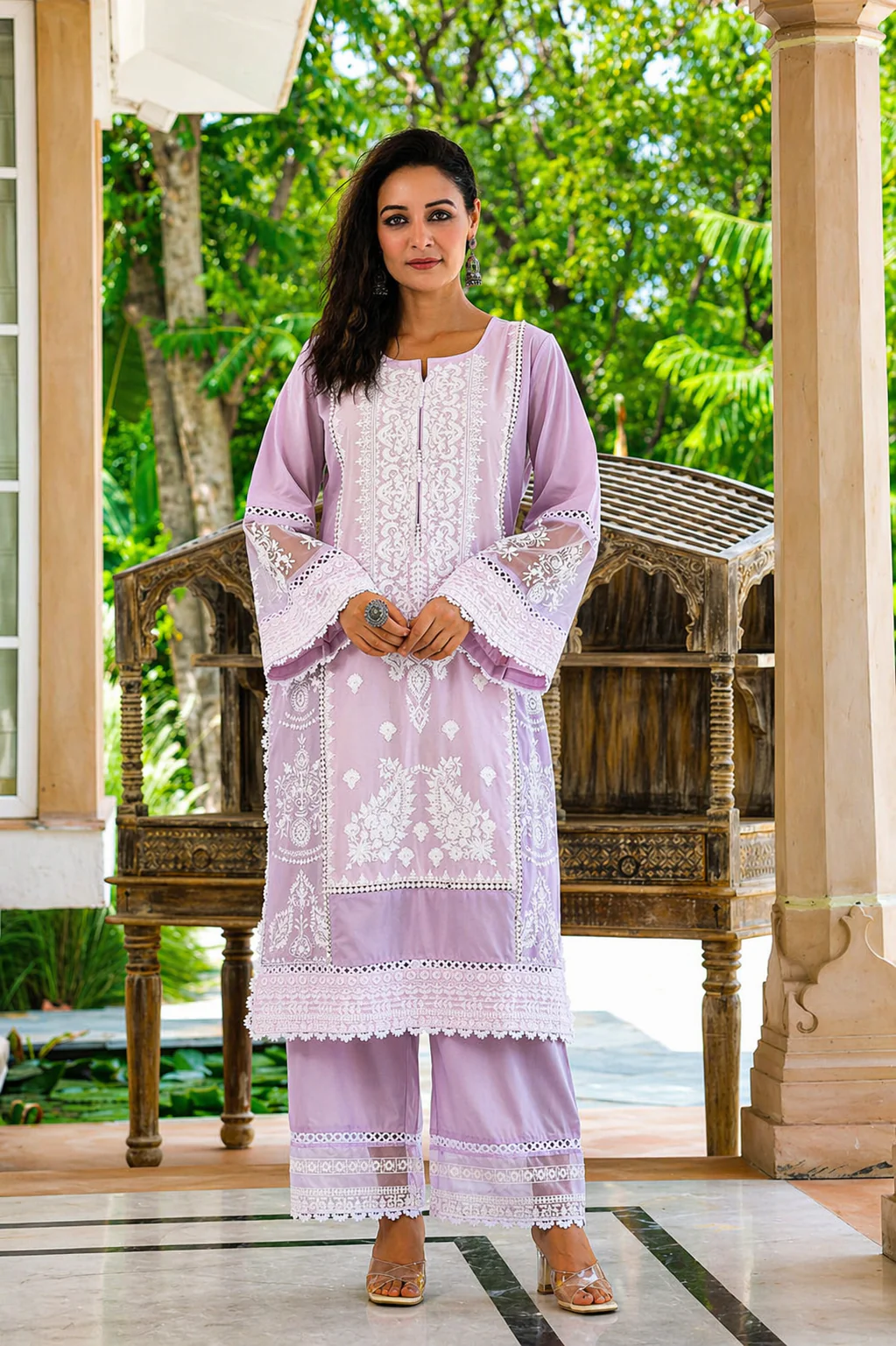 Lilac Embroidered Mul Cotton Pant Set - Image 7