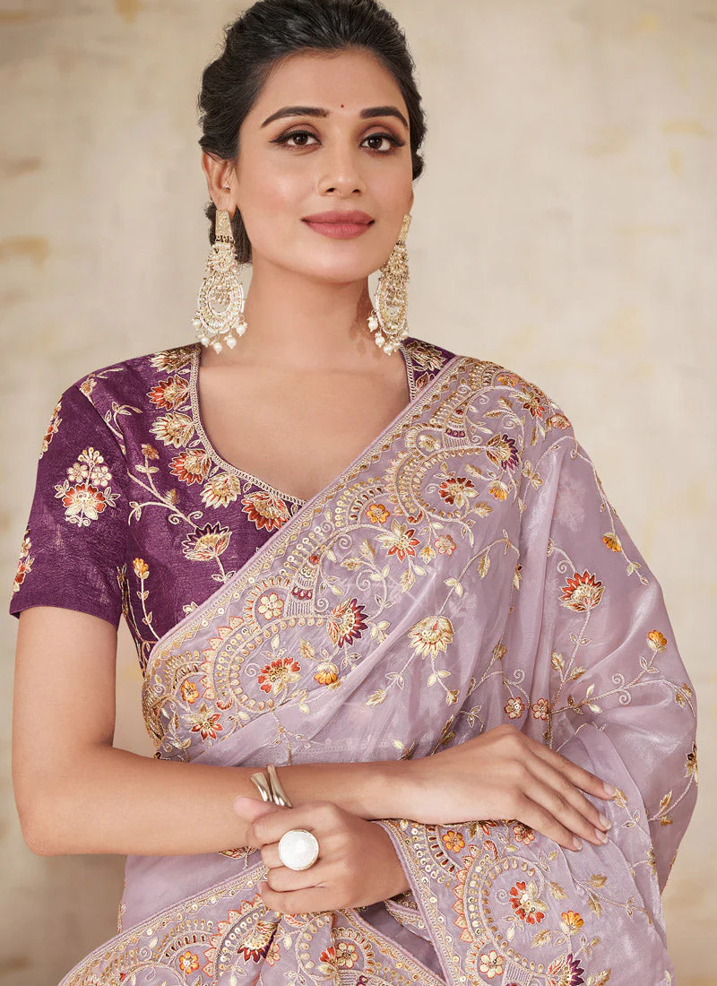 Lilac Embroidered Shimmer Tissue Silk Saree - Image 2