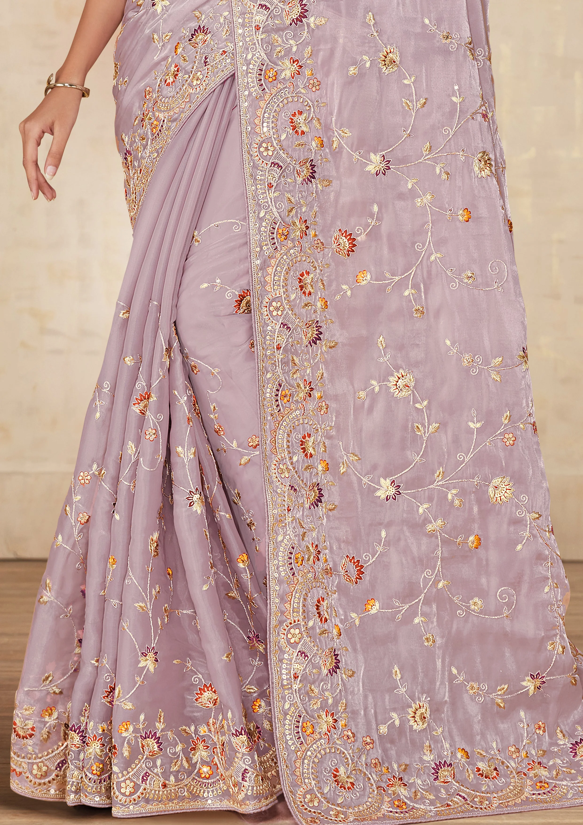 Lilac Embroidered Shimmer Tissue Silk Saree - Image 3