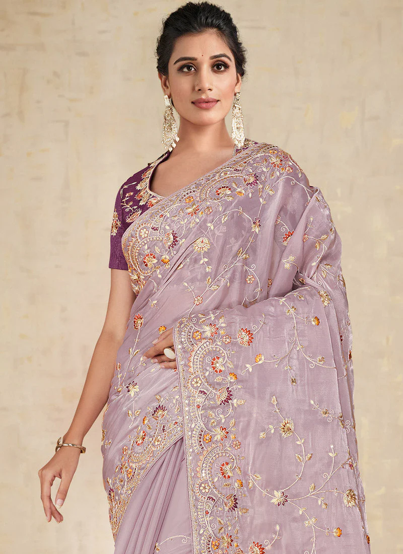 Lilac Embroidered Shimmer Tissue Silk Saree - Image 4