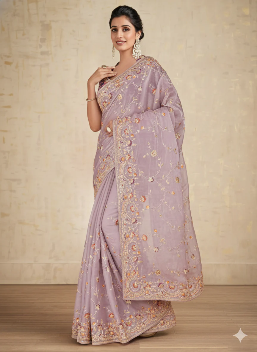 Lilac Embroidered Shimmer Tissue Silk Saree - Image 5