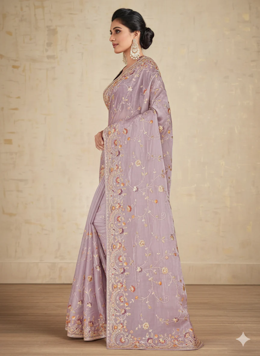 Lilac Embroidered Shimmer Tissue Silk Saree - Image 6