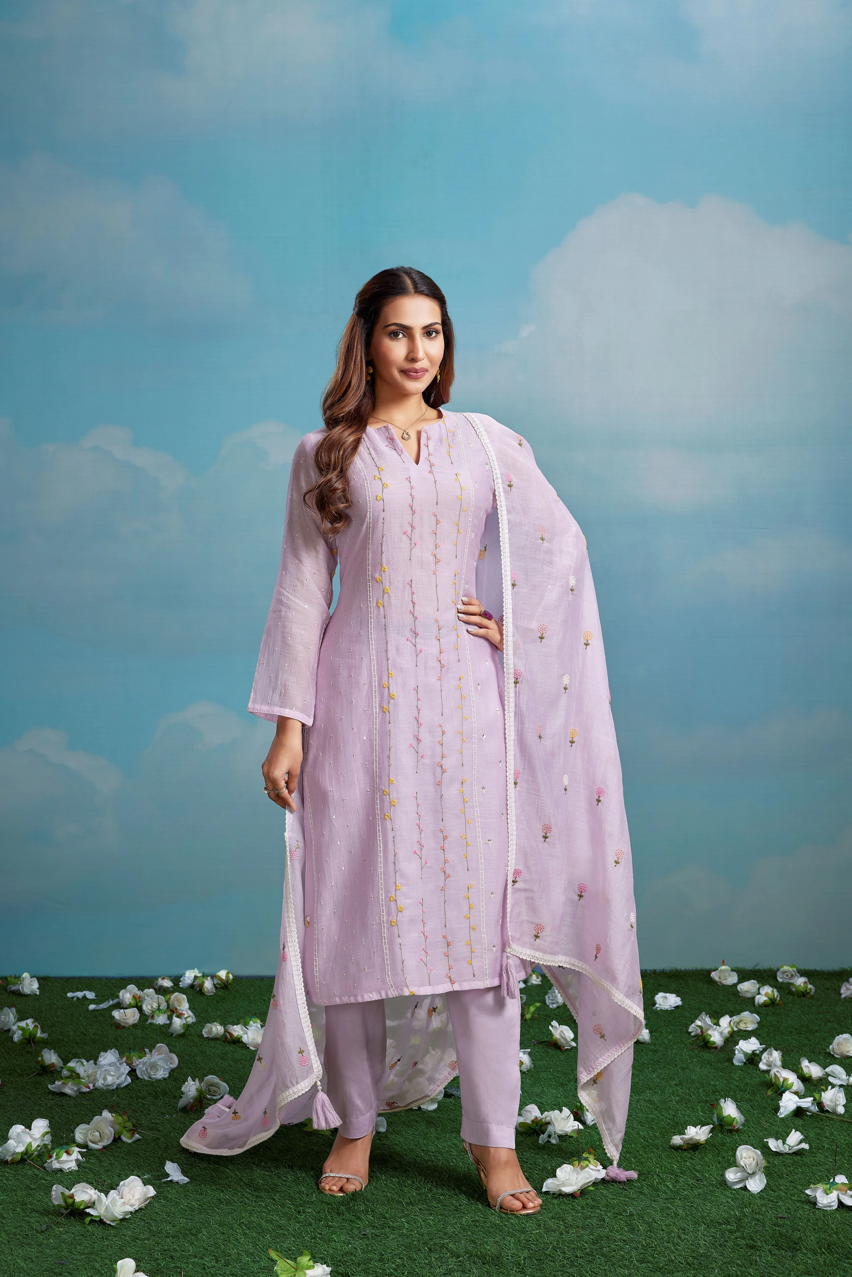 Lilac Meadow Embroidered Chanderi Silk Pant Set